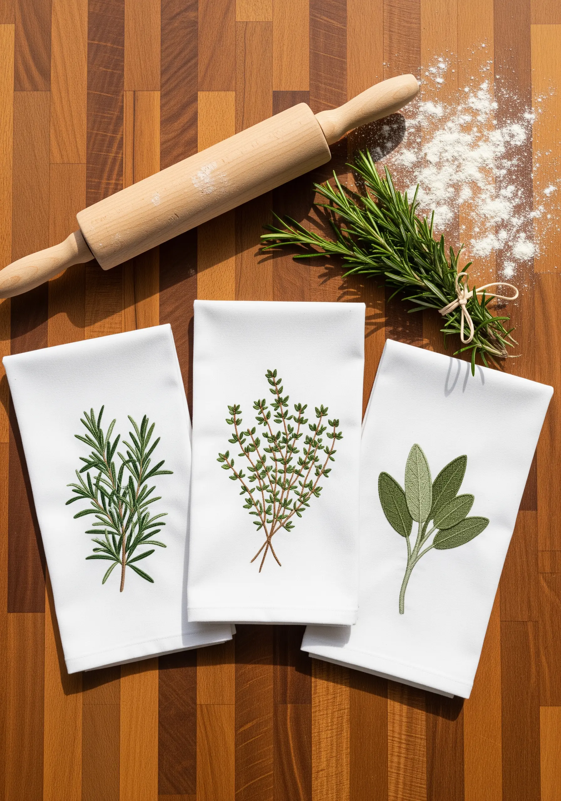 Three white kitchen towels embroidered with delicate herbs: rosemary, thyme, and sage.
