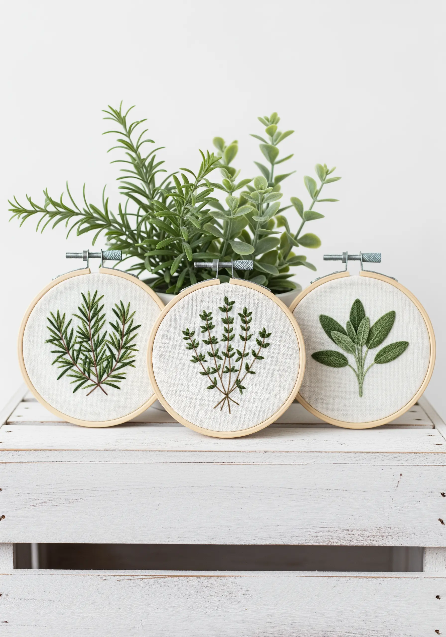 Three small embroidery hoops displaying rosemary, thyme, and sage on white fabric.