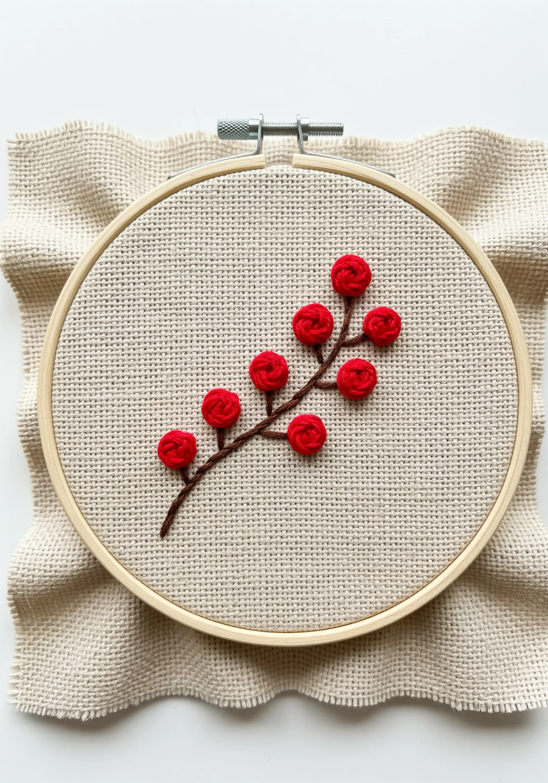 A branch with raised, round red berries made from woven wheel stitches.