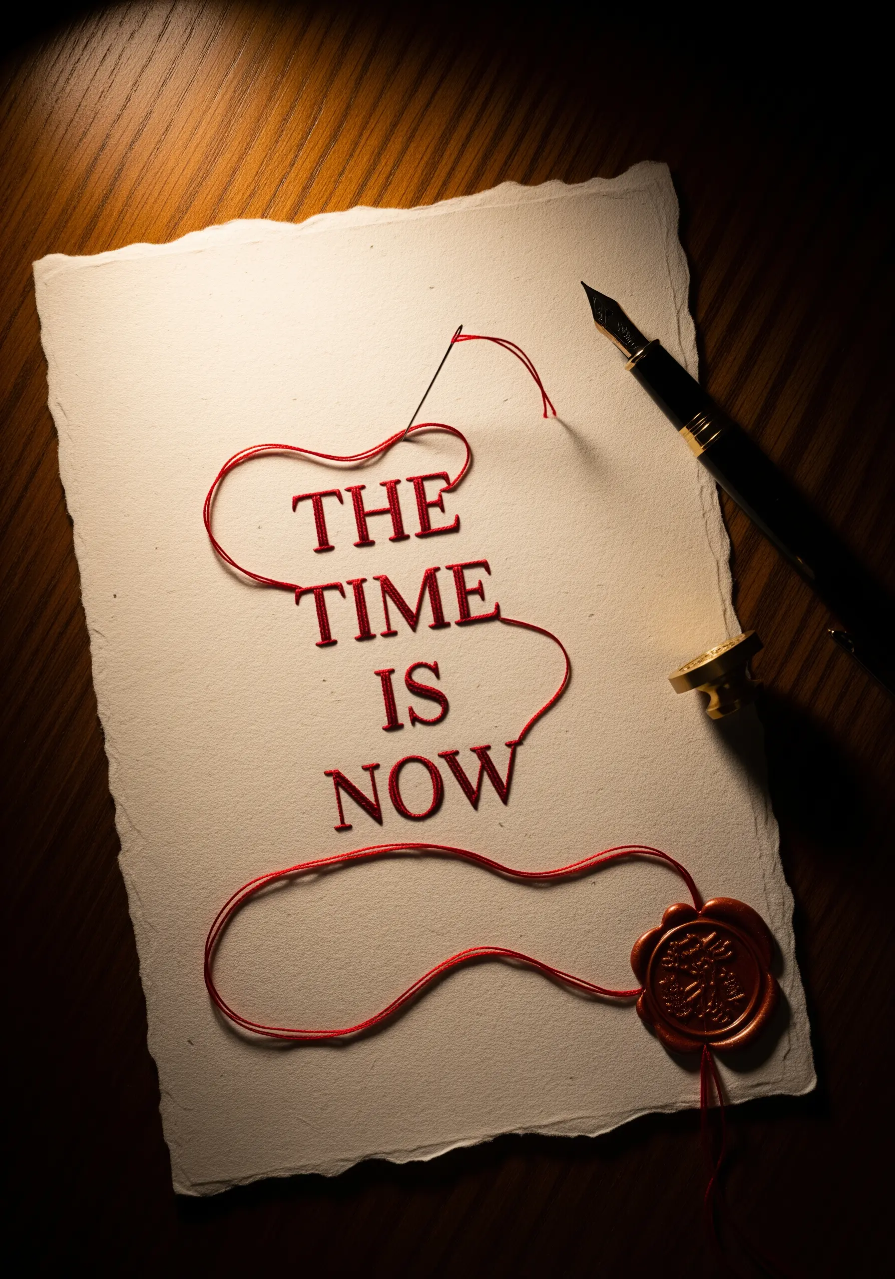 Red backstitched letters on handmade paper with a loose thread and wax seal.