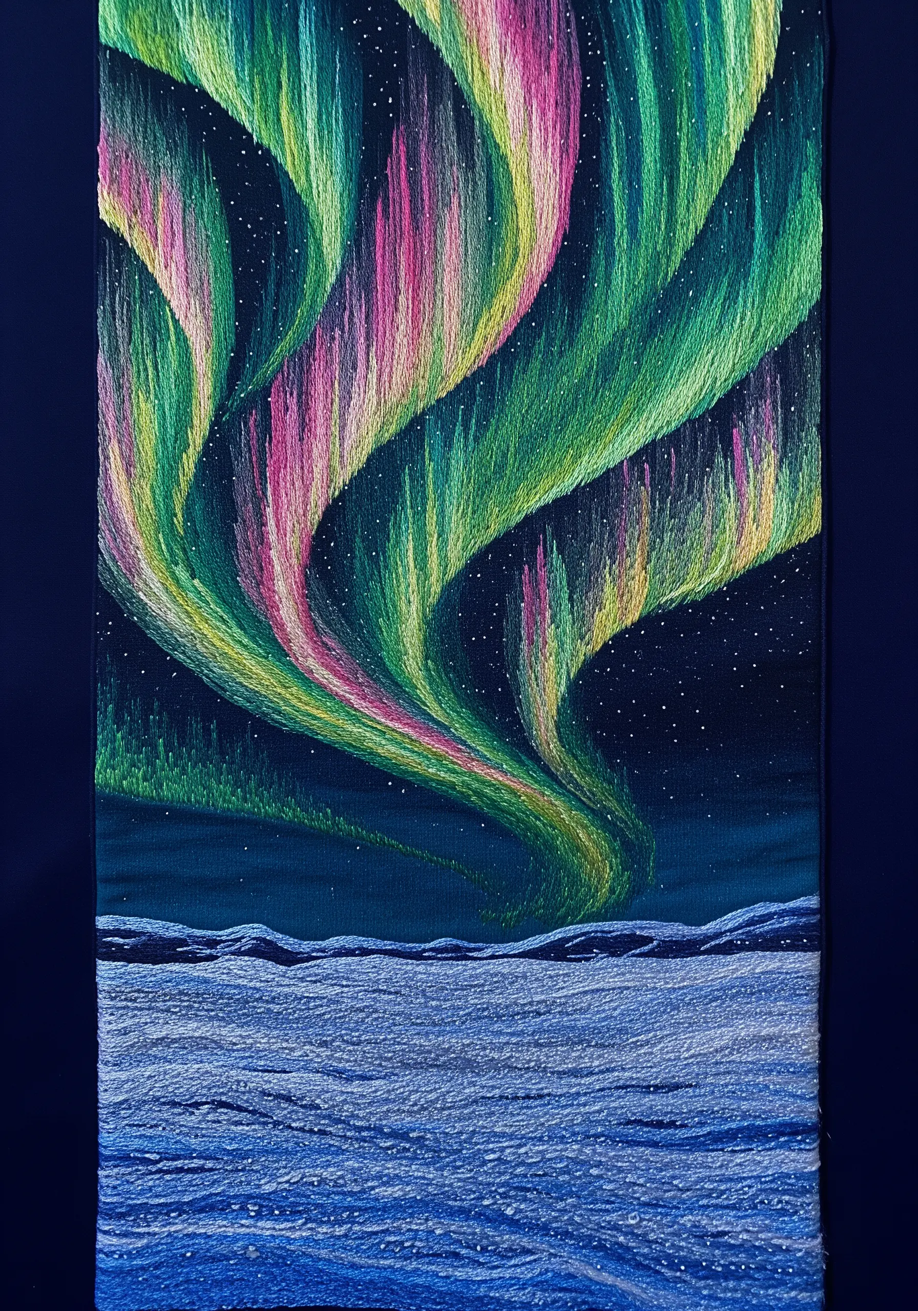 Embroidery of the aurora borealis with long vertical stitches in green, pink, and yellow.