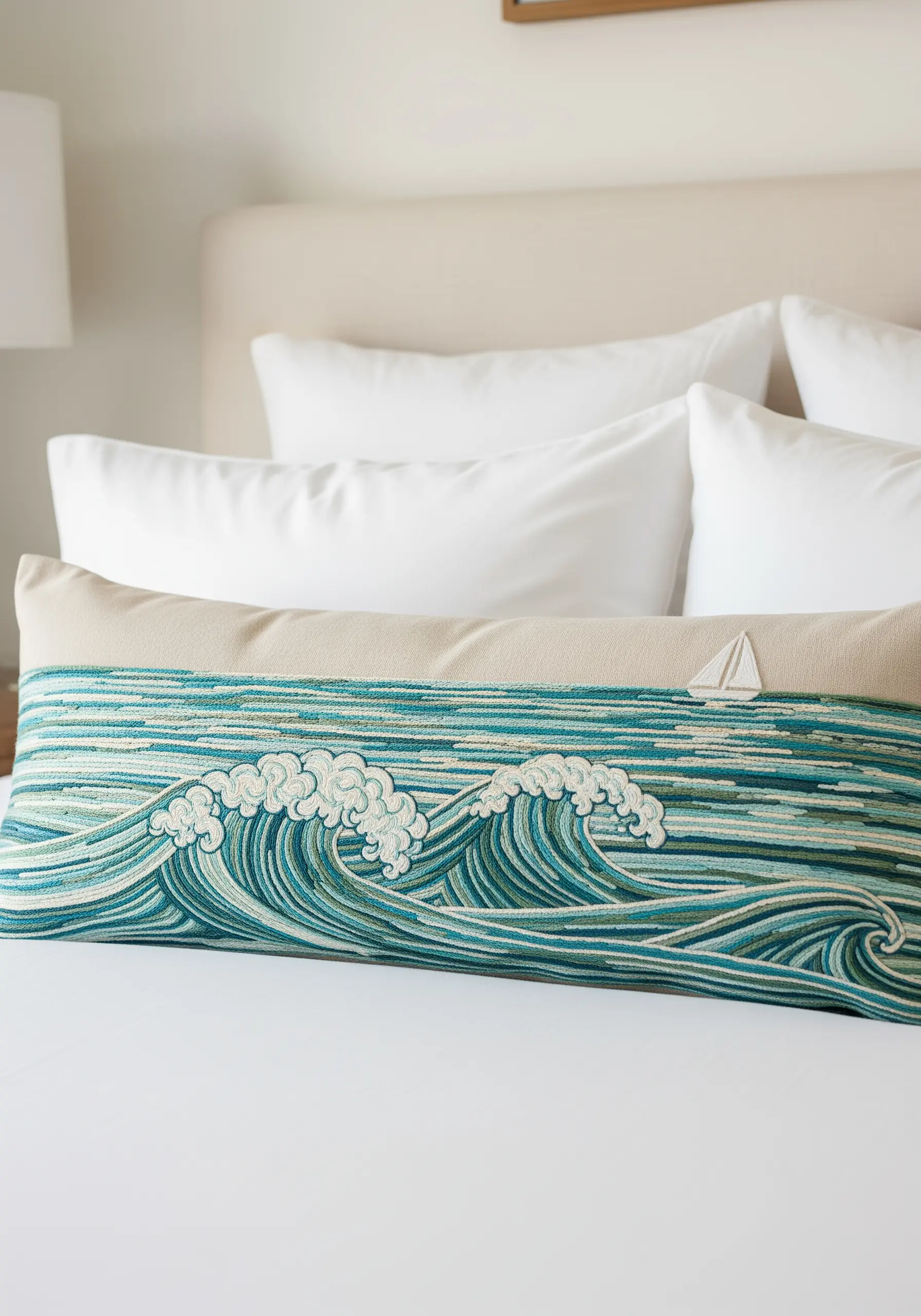 A long bolster pillow embroidered with stylized ocean waves in shades of teal and white.
