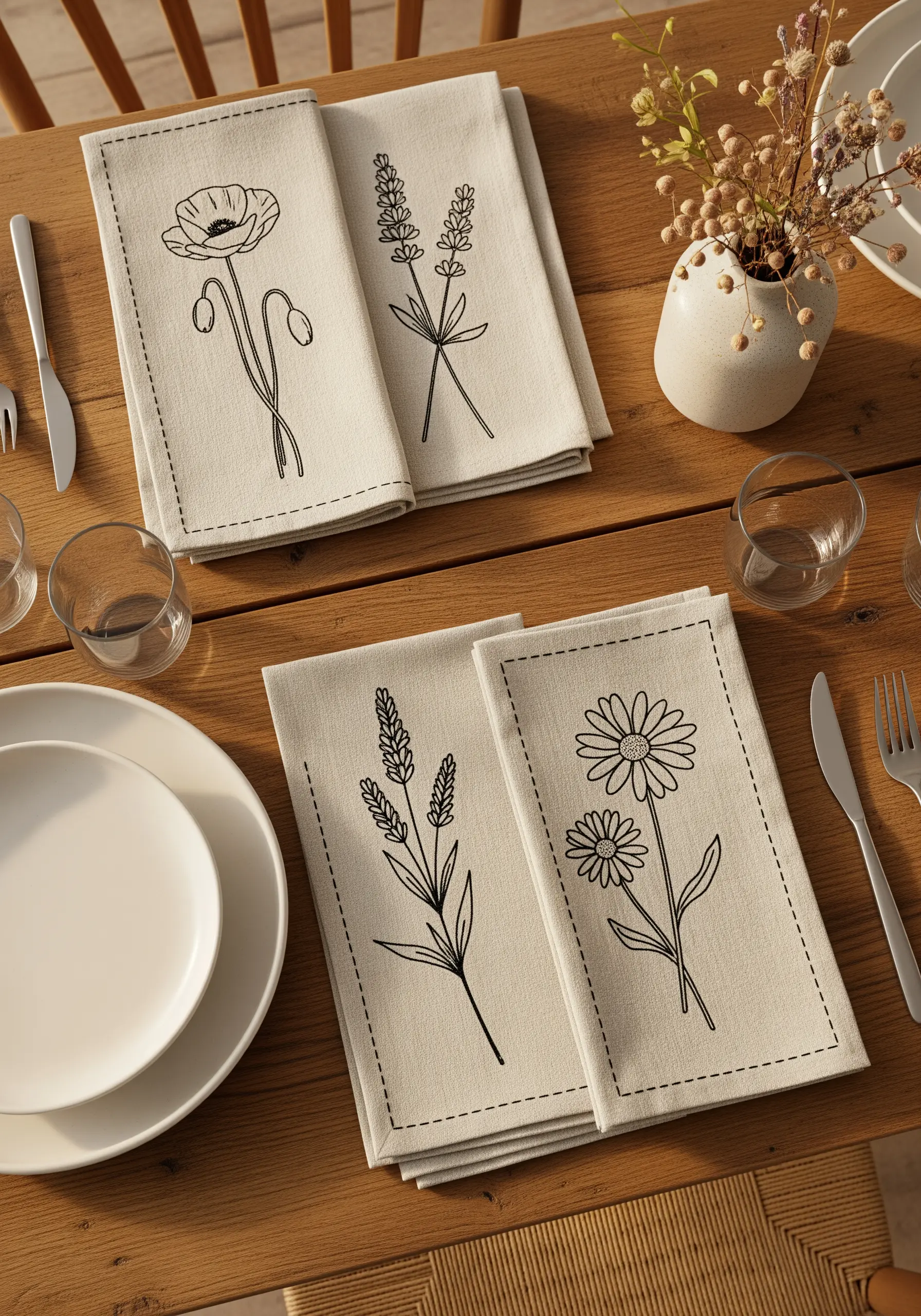 Line art wildflowers, including a poppy and lavender, stitched in black on linen table napkins.