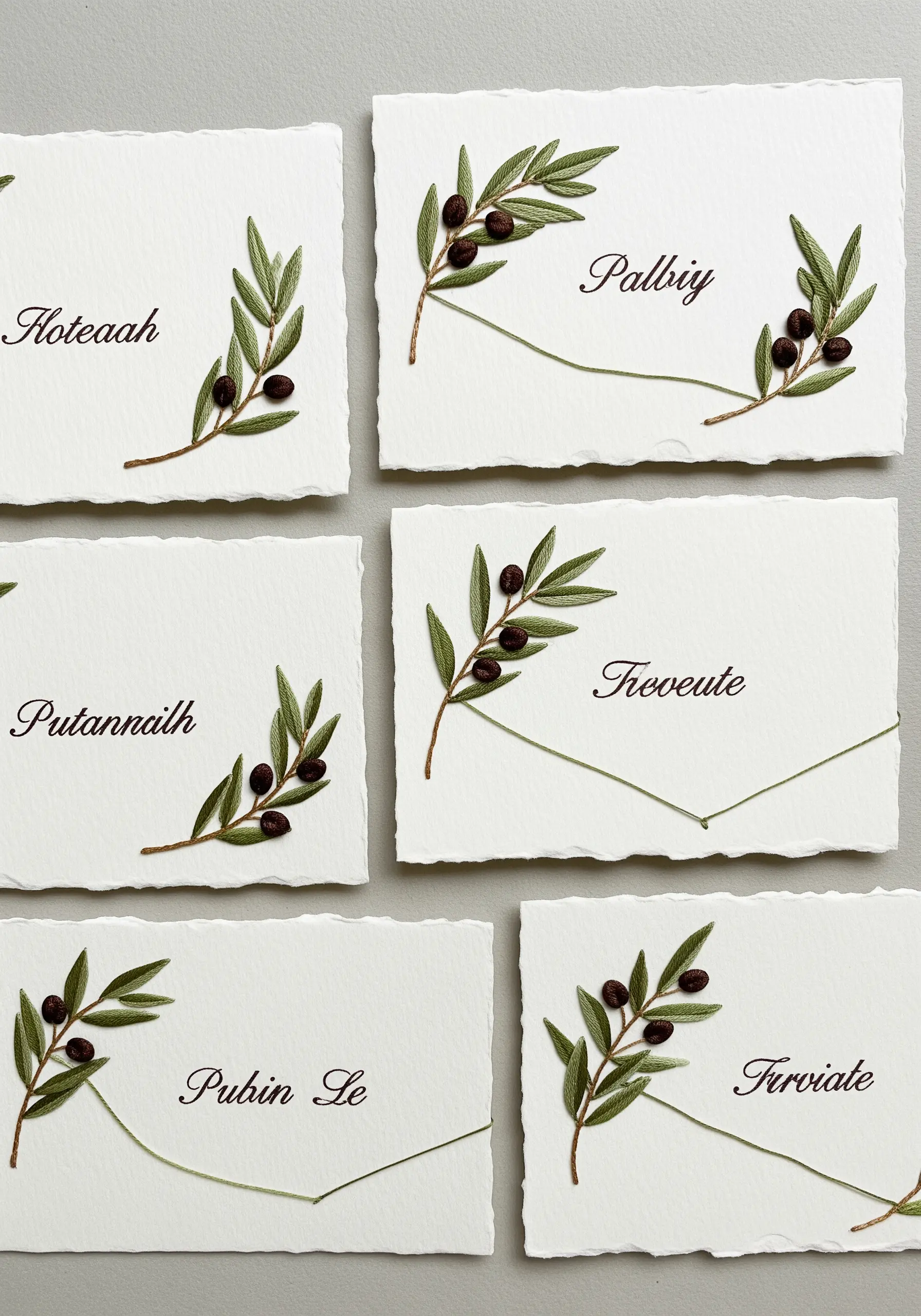 Handmade paper place cards embroidered with delicate olive branches and calligraphed names.
