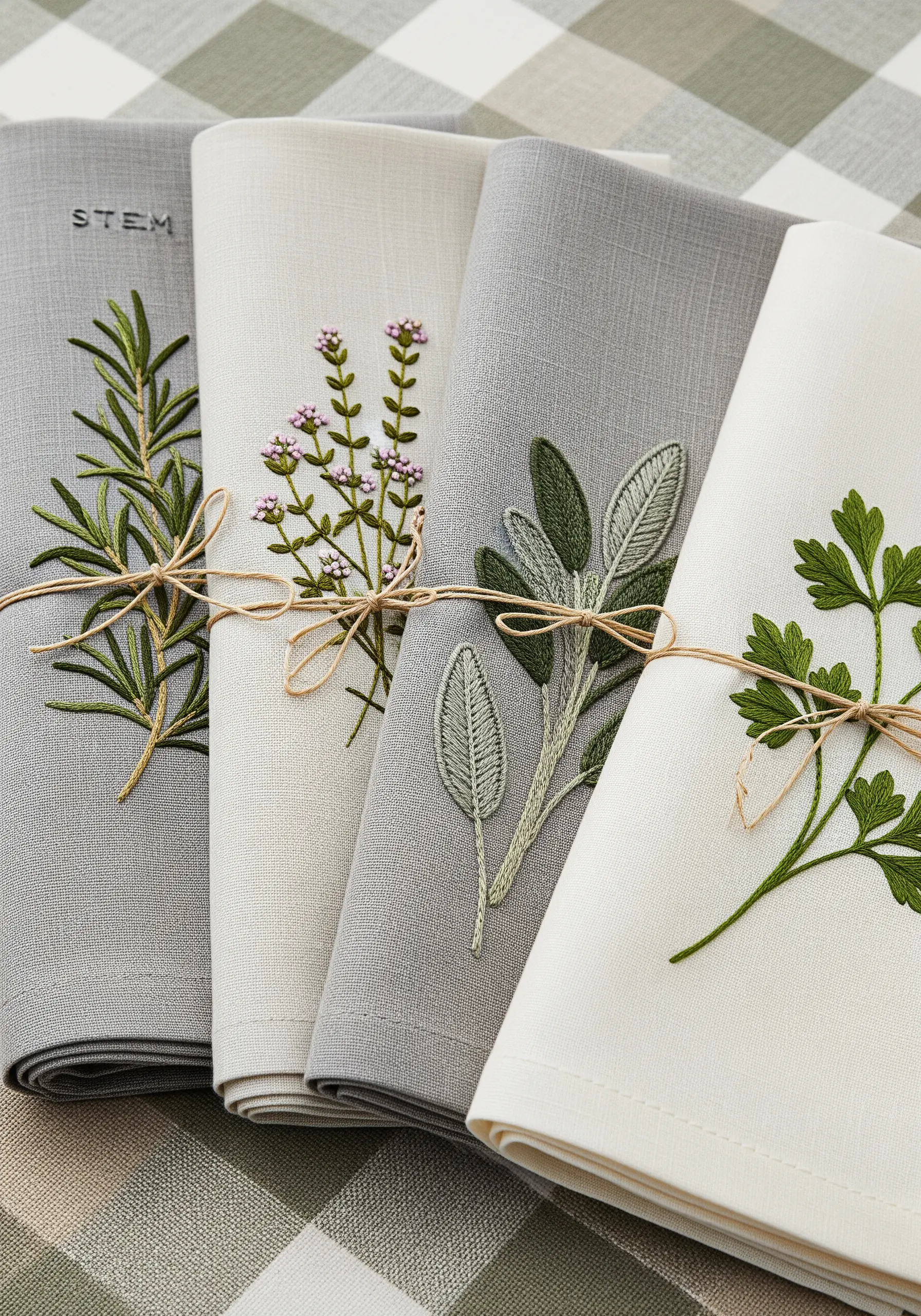 Four linen napkins embroidered with different herbs: rosemary, thyme, sage, and parsley.