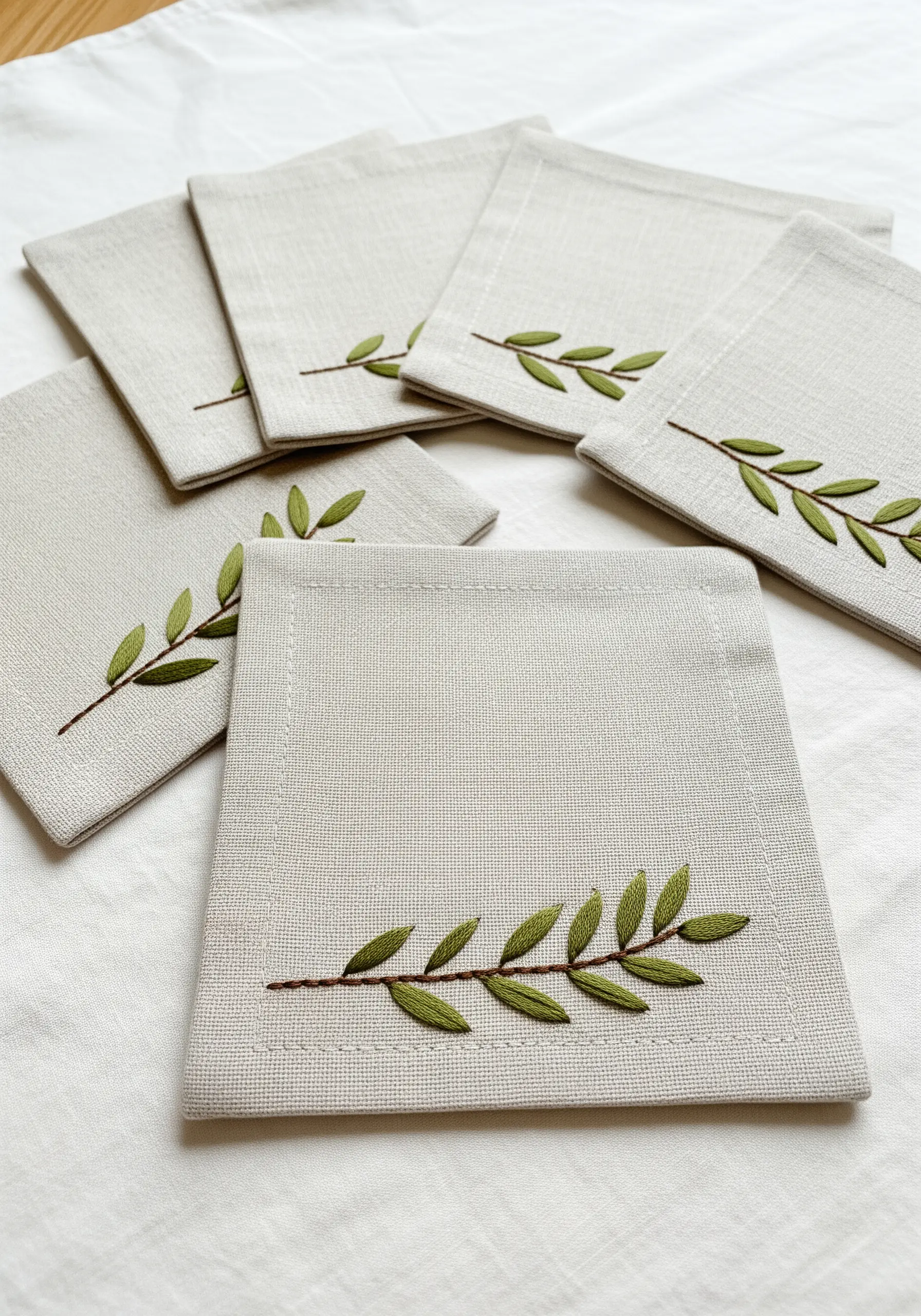 A set of linen coasters, each embroidered with a delicate green olive branch.