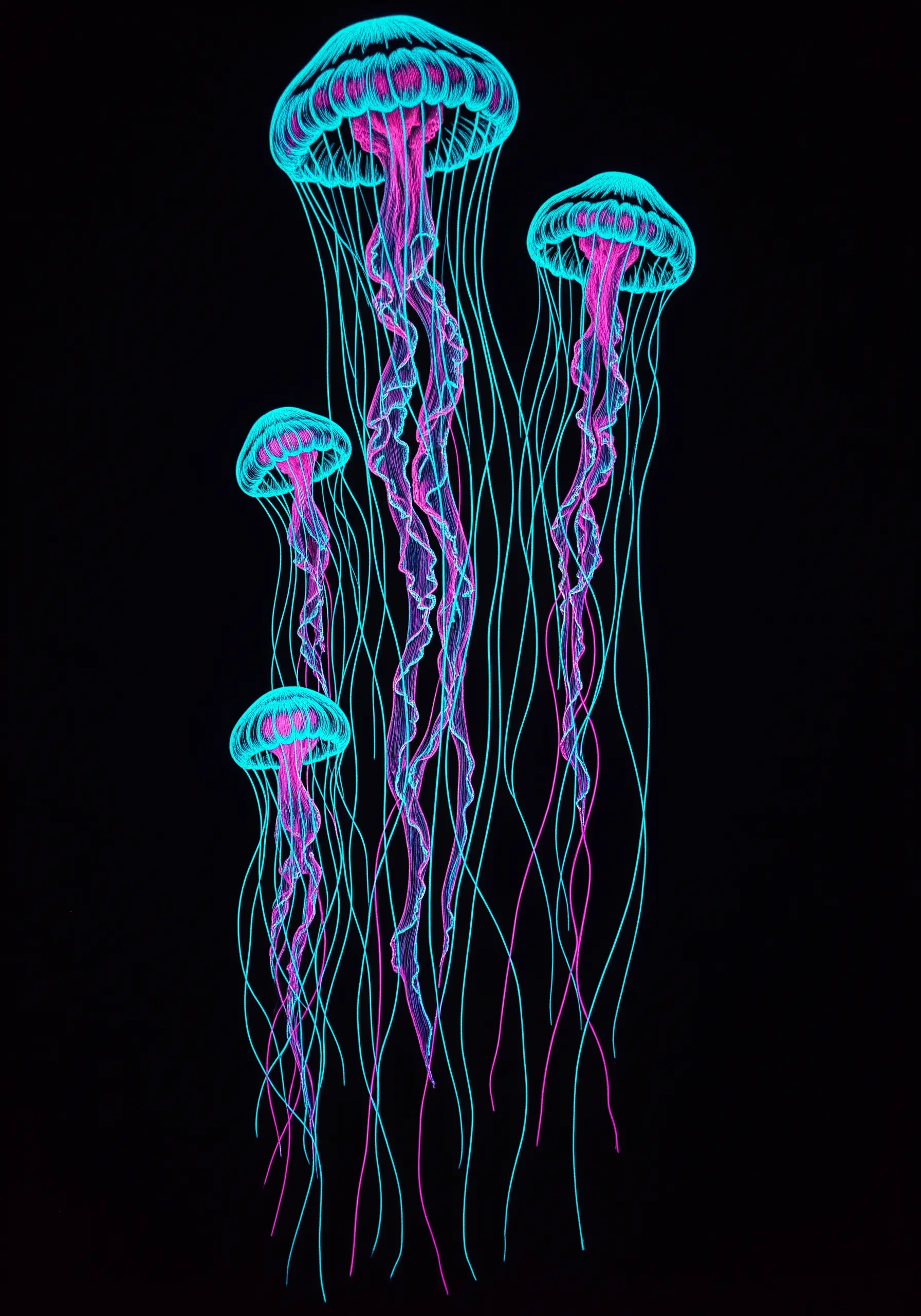 A group of jellyfish stitched with flowing pink and turquoise neon threads.
