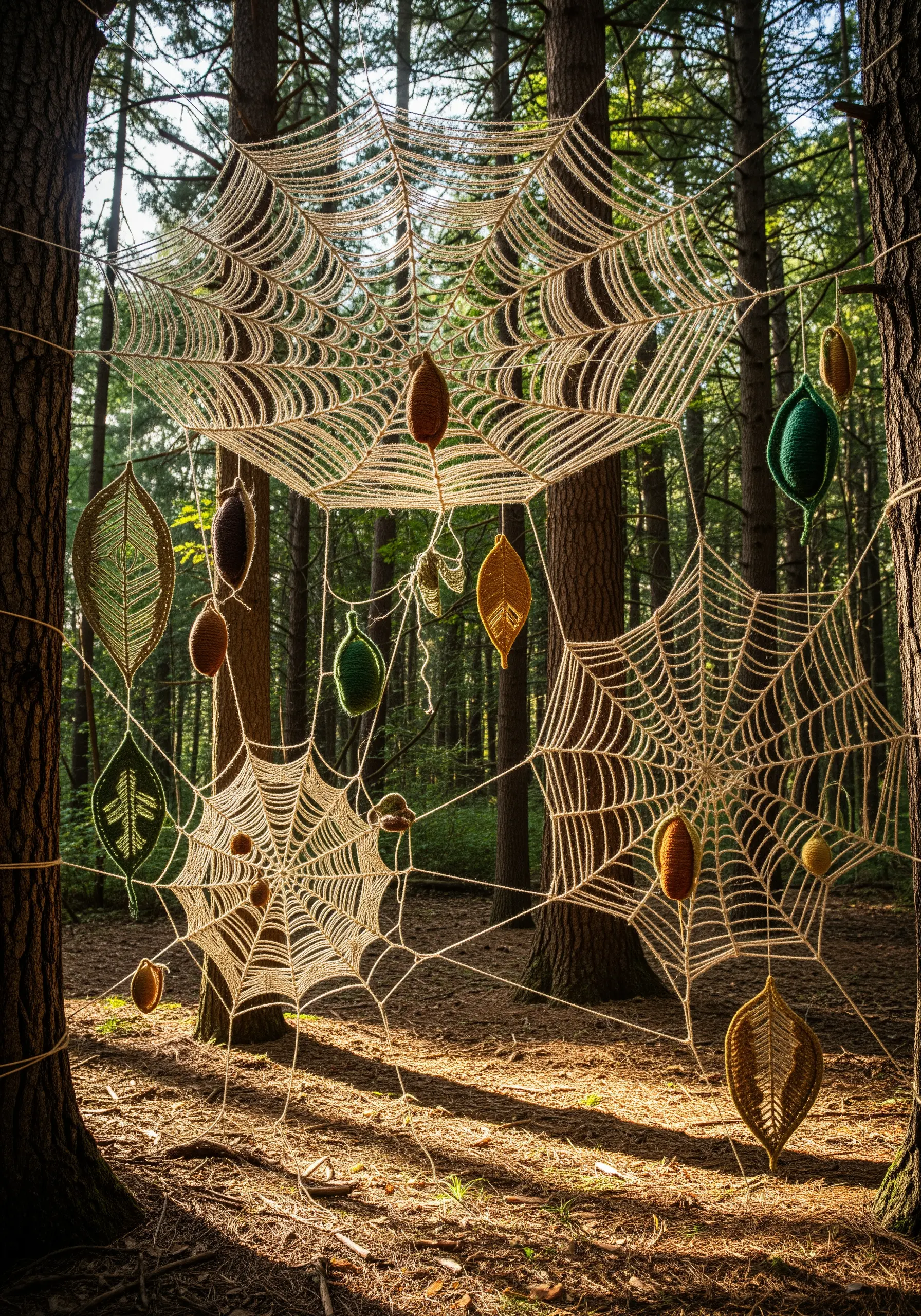 Delicate, web-like fiber art installations strung between trees in a sunlit forest.