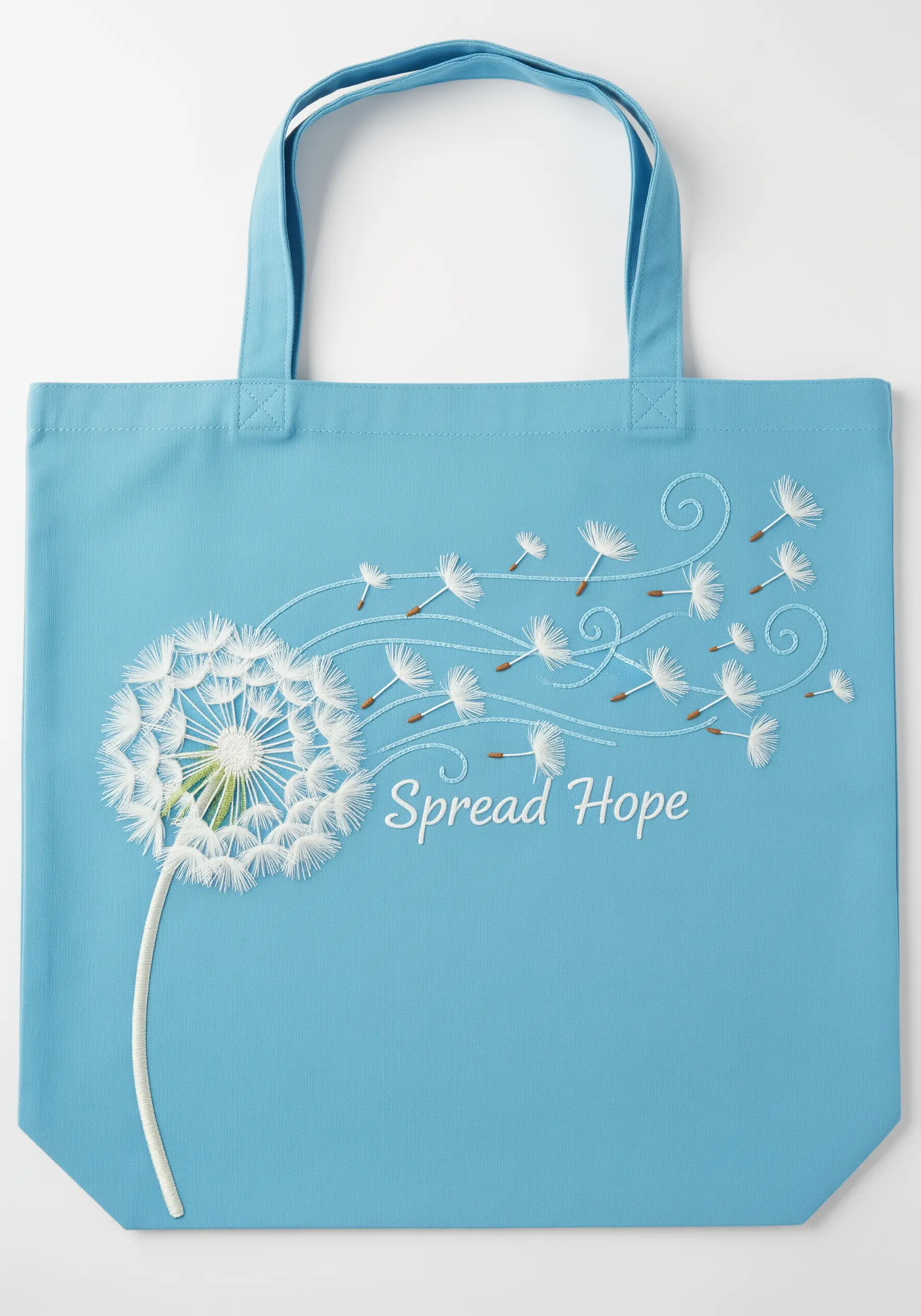 A fluffy white dandelion with seeds blowing in the wind, embroidered on a blue tote bag.