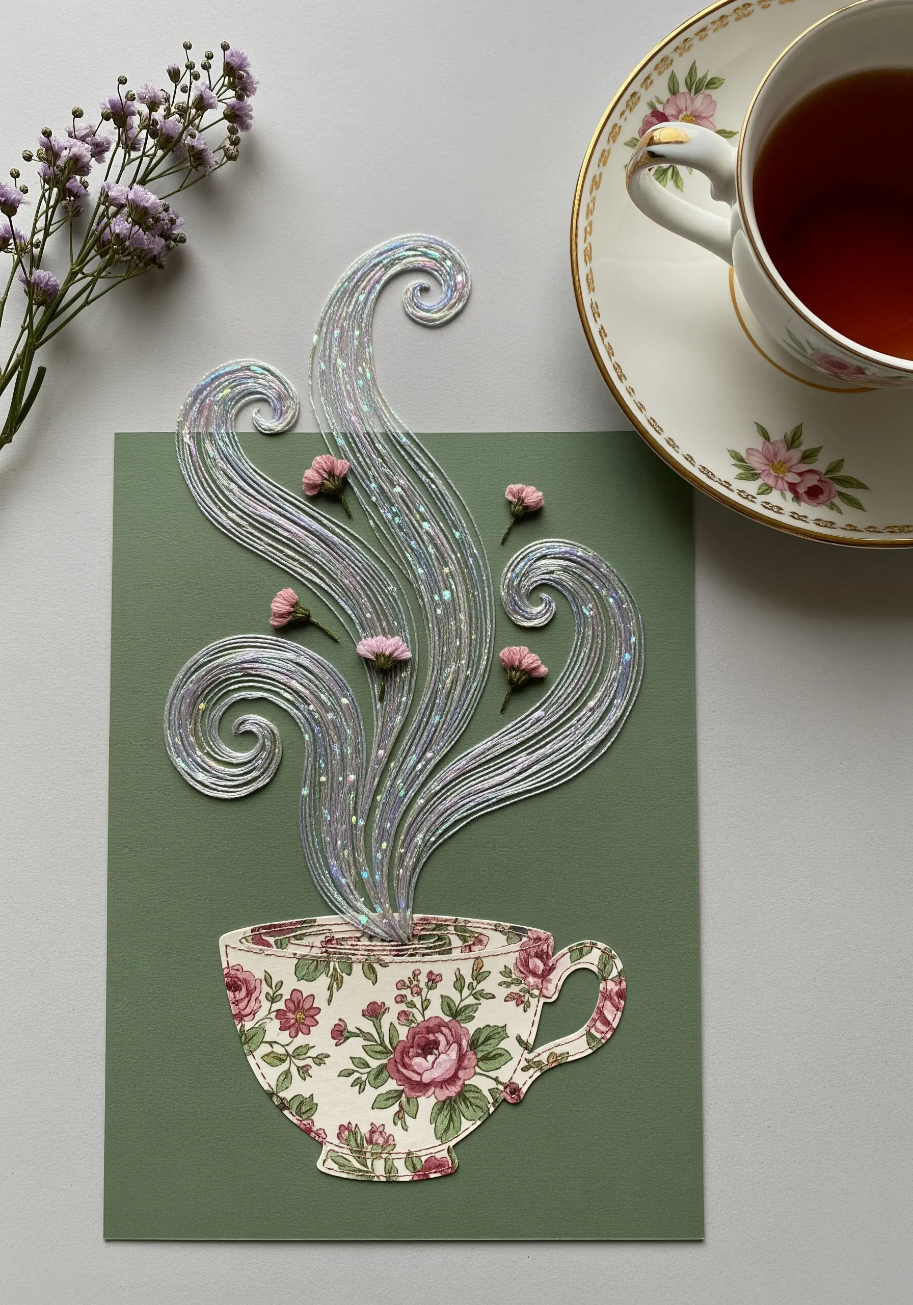 A paper teacup with iridescent, sparkling thread stitched above it to look like swirling steam.
