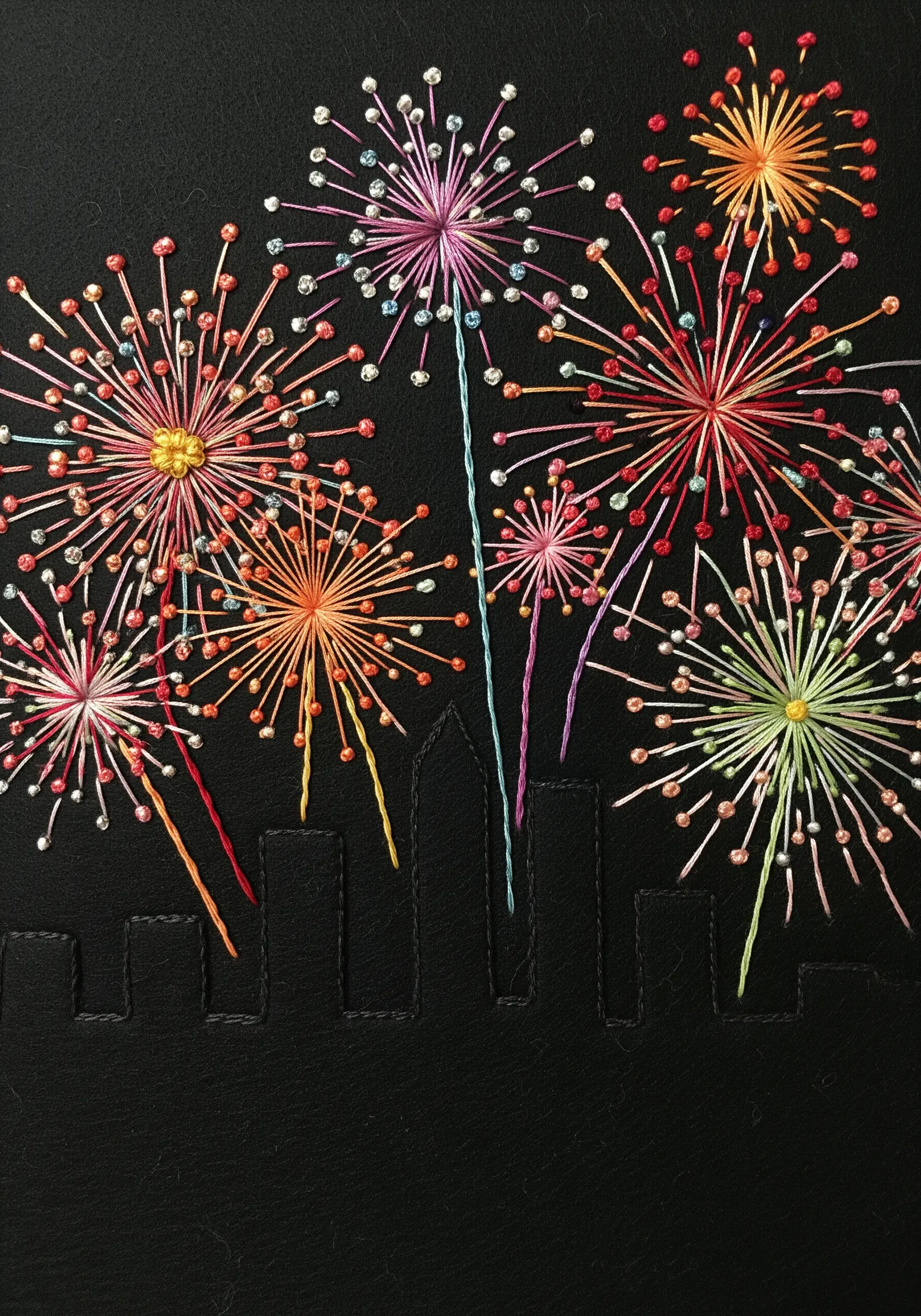 Colorful fireworks embroidered over a simple black skyline silhouette.