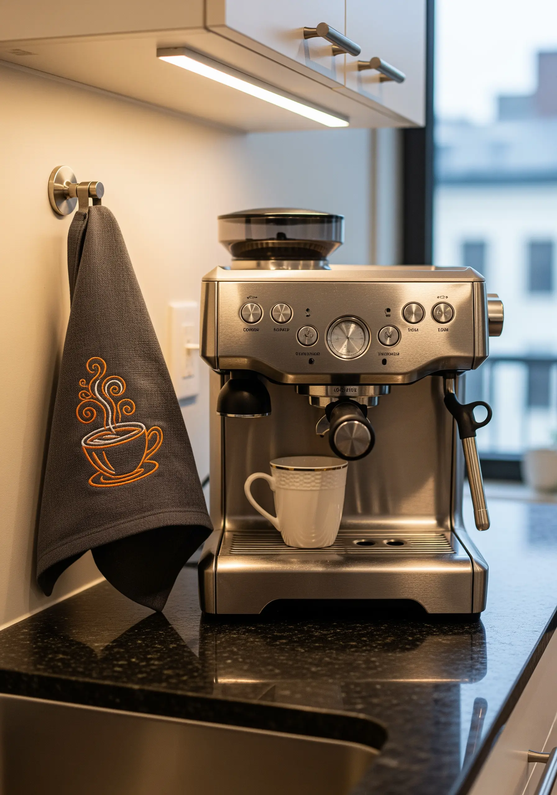 An embroidered coffee cup with orange and gold steam on a dark grey towel.
