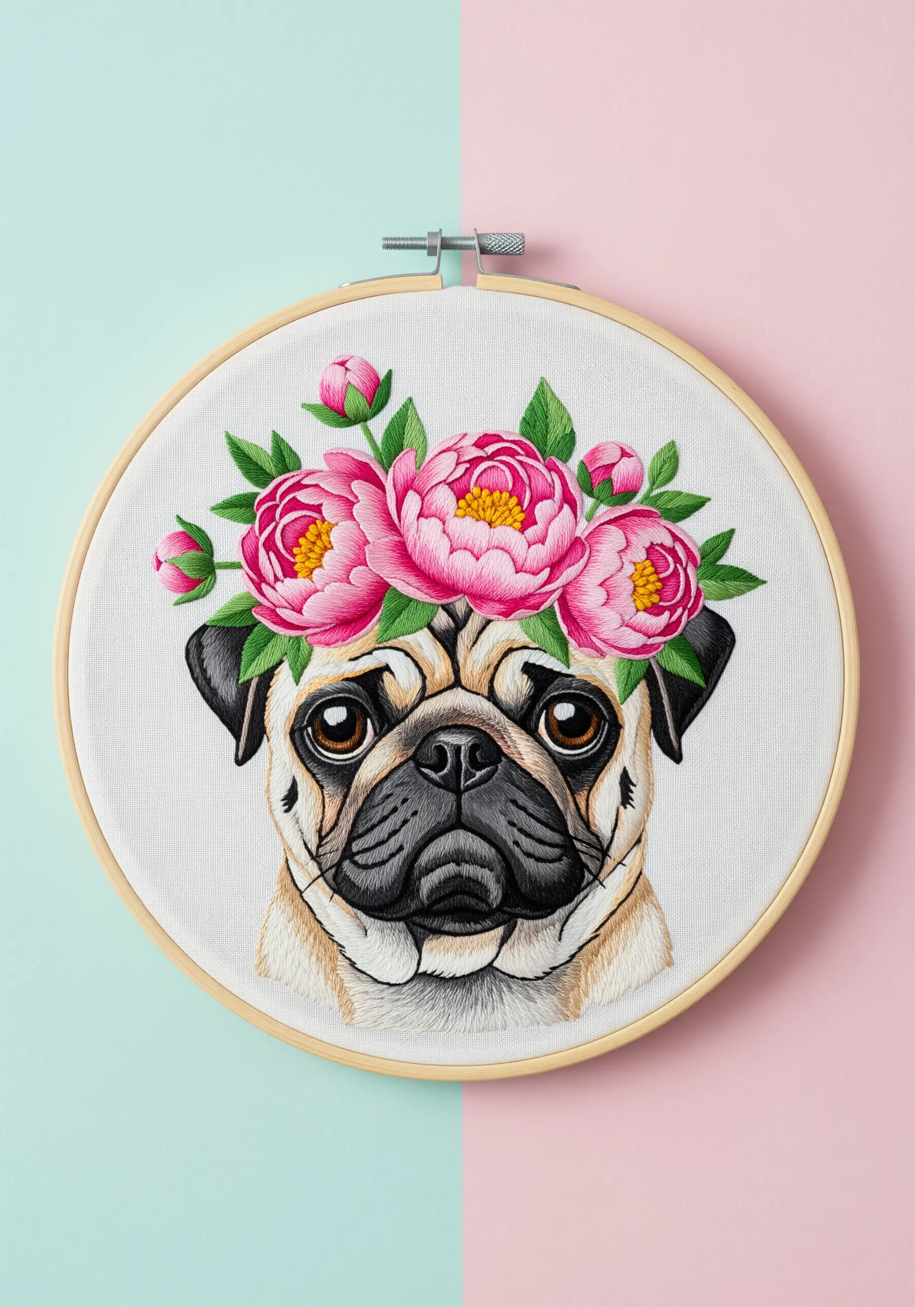 Embroidered portrait of a pug with expressive wrinkles and a crown of pink peonies.