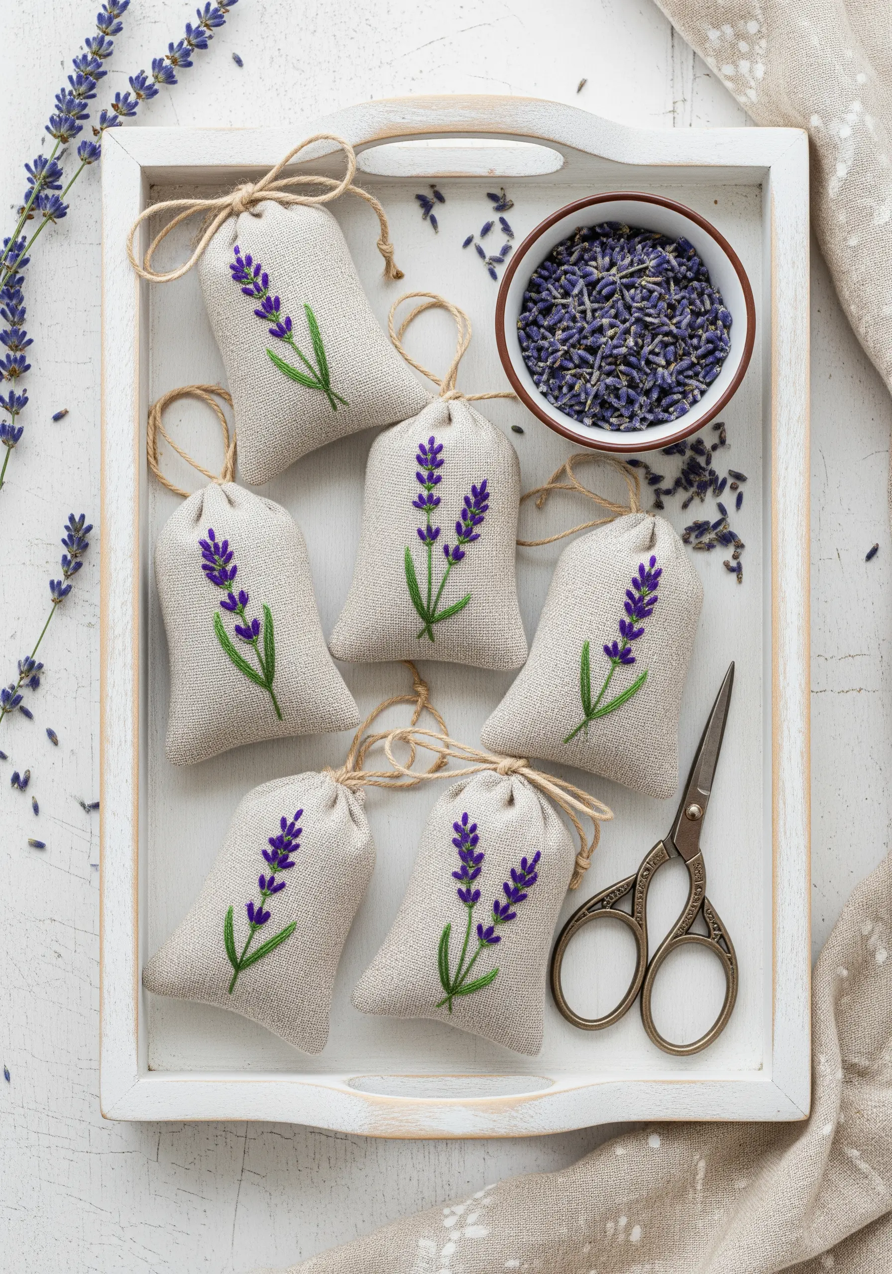 Six small linen sachets, each embroidered with a single stalk of lavender.