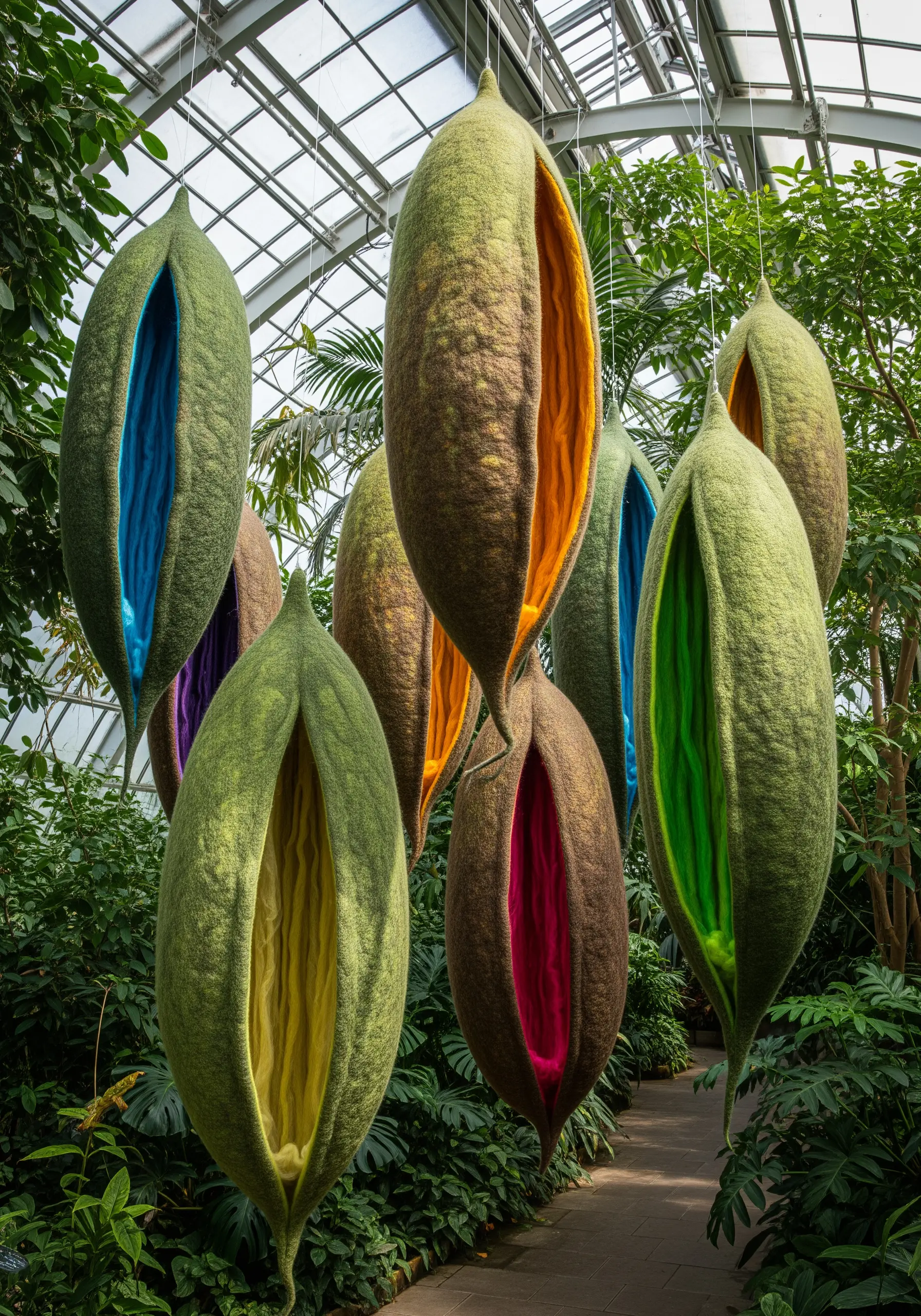 Large, felted pod-like sculptures hanging in a greenhouse, with colorful interiors.
