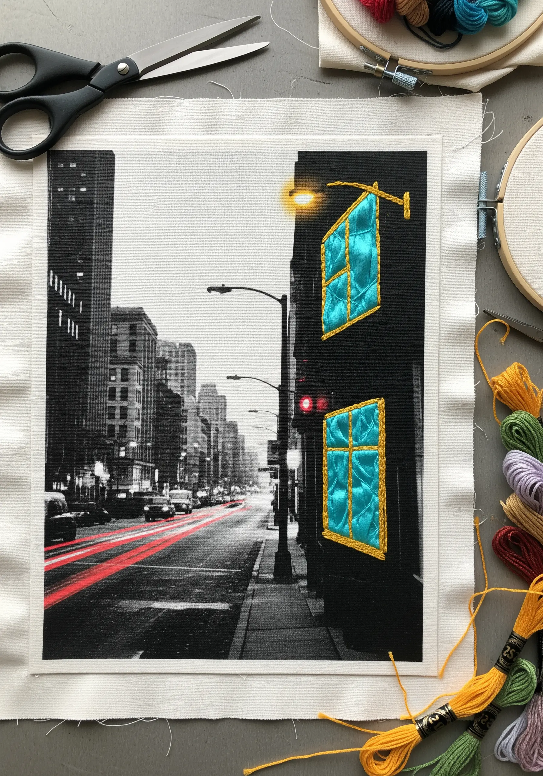 Black and white city photo with two windows embroidered in vibrant turquoise and gold thread.
