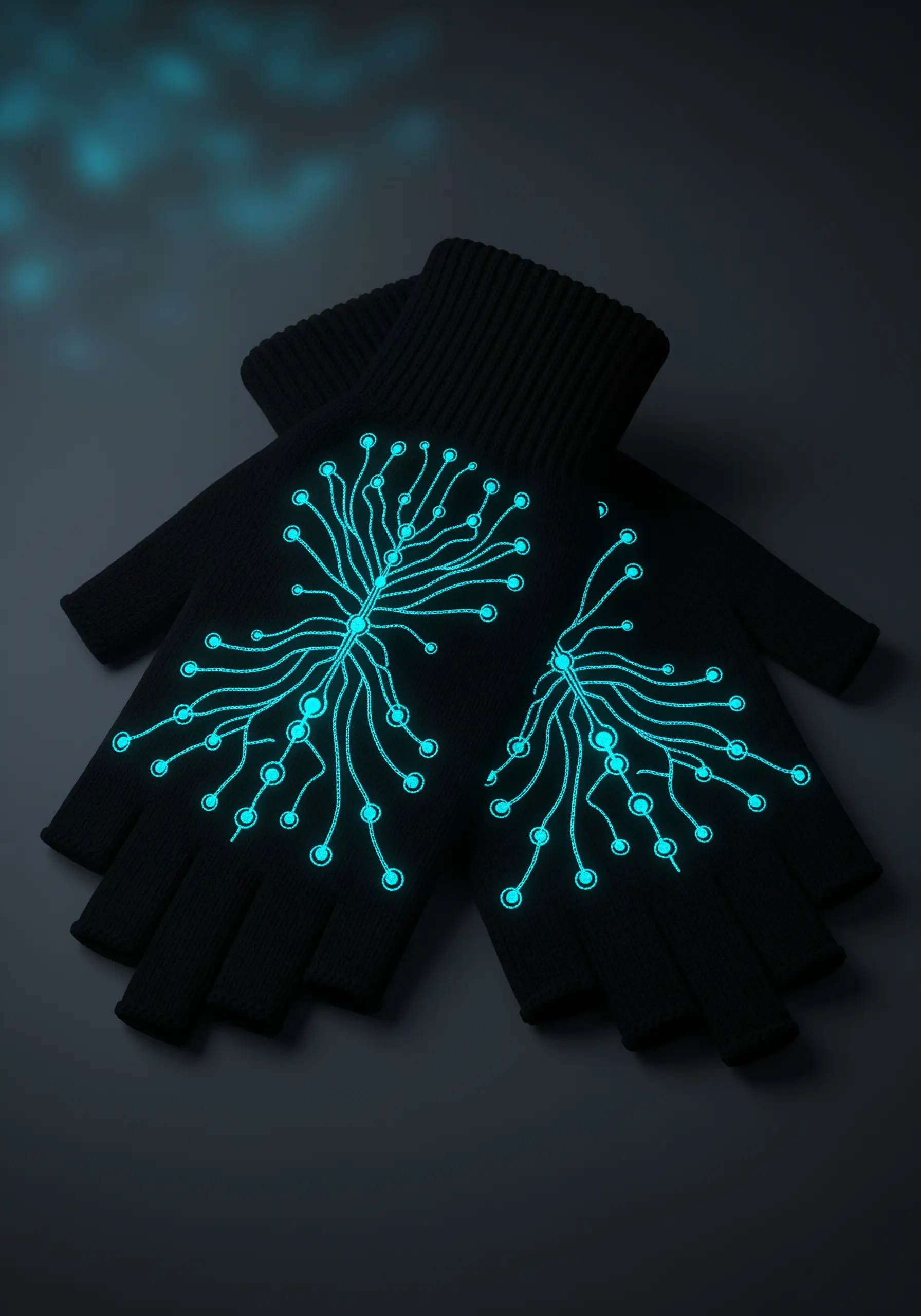 A glowing blue neural network design embroidered on the back of black fingerless gloves.