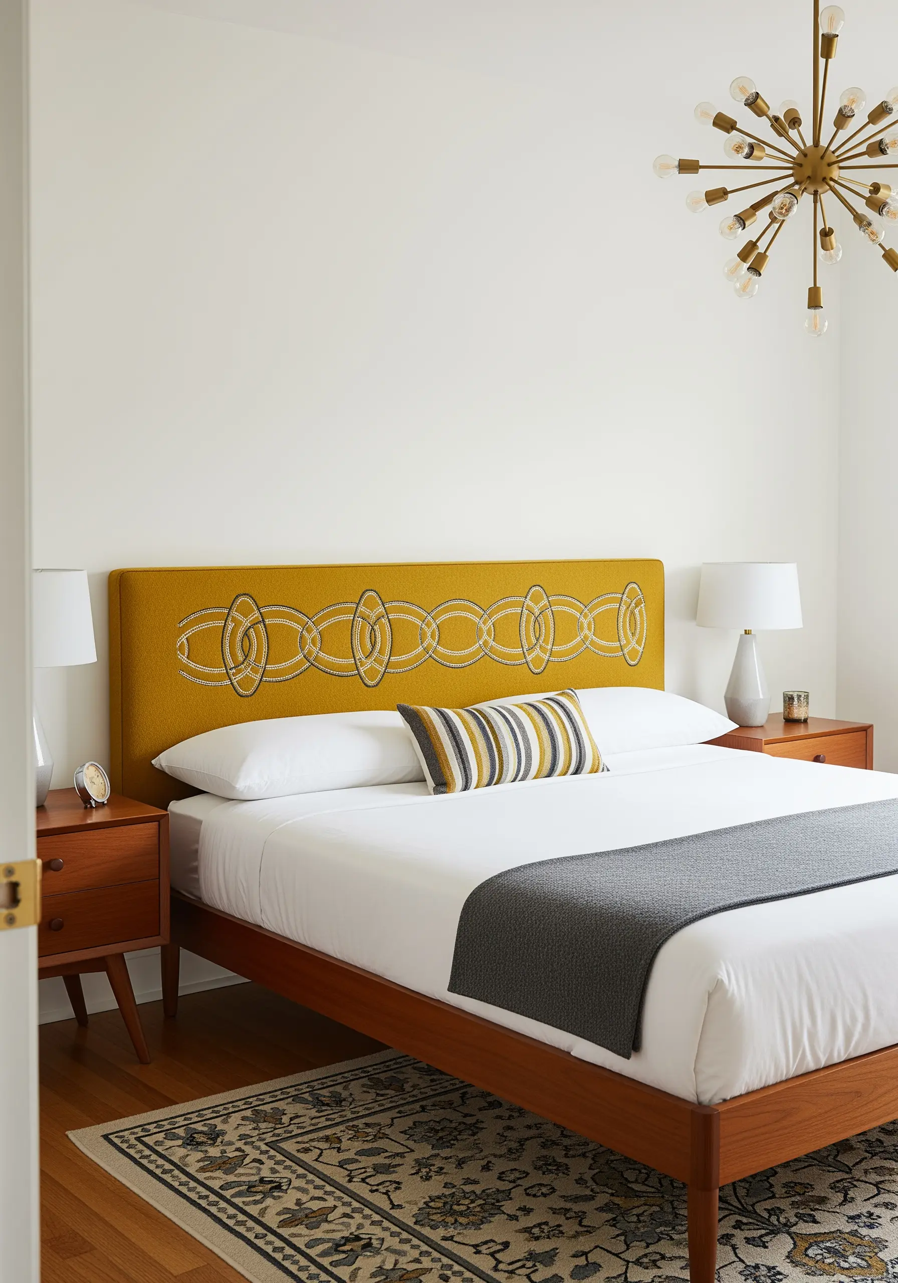 A mid-century modern interlocking chain pattern embroidered on a mustard yellow headboard.