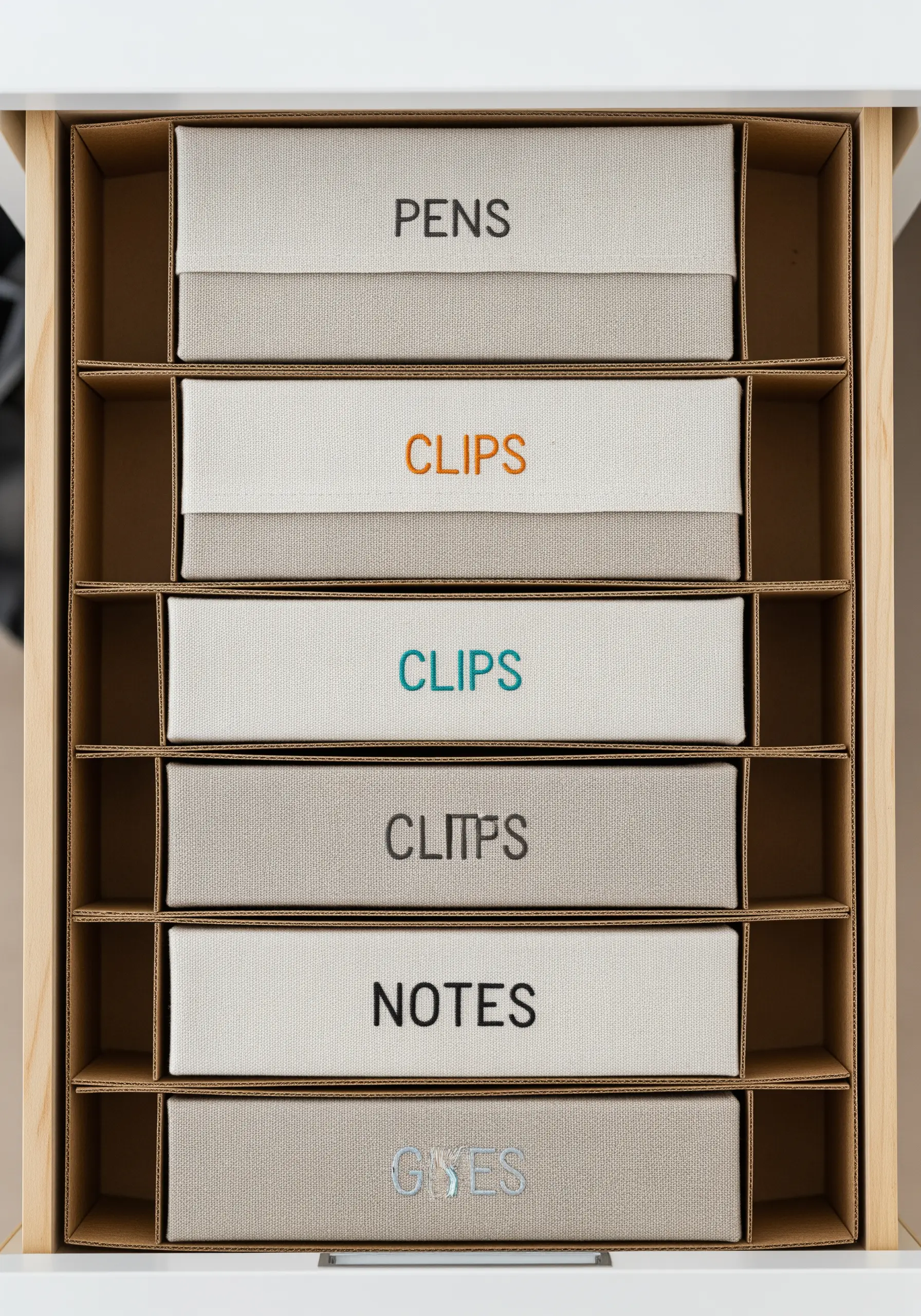 A drawer with fabric boxes labeled with stitched words like 'PENS' and 'CLIPS'.