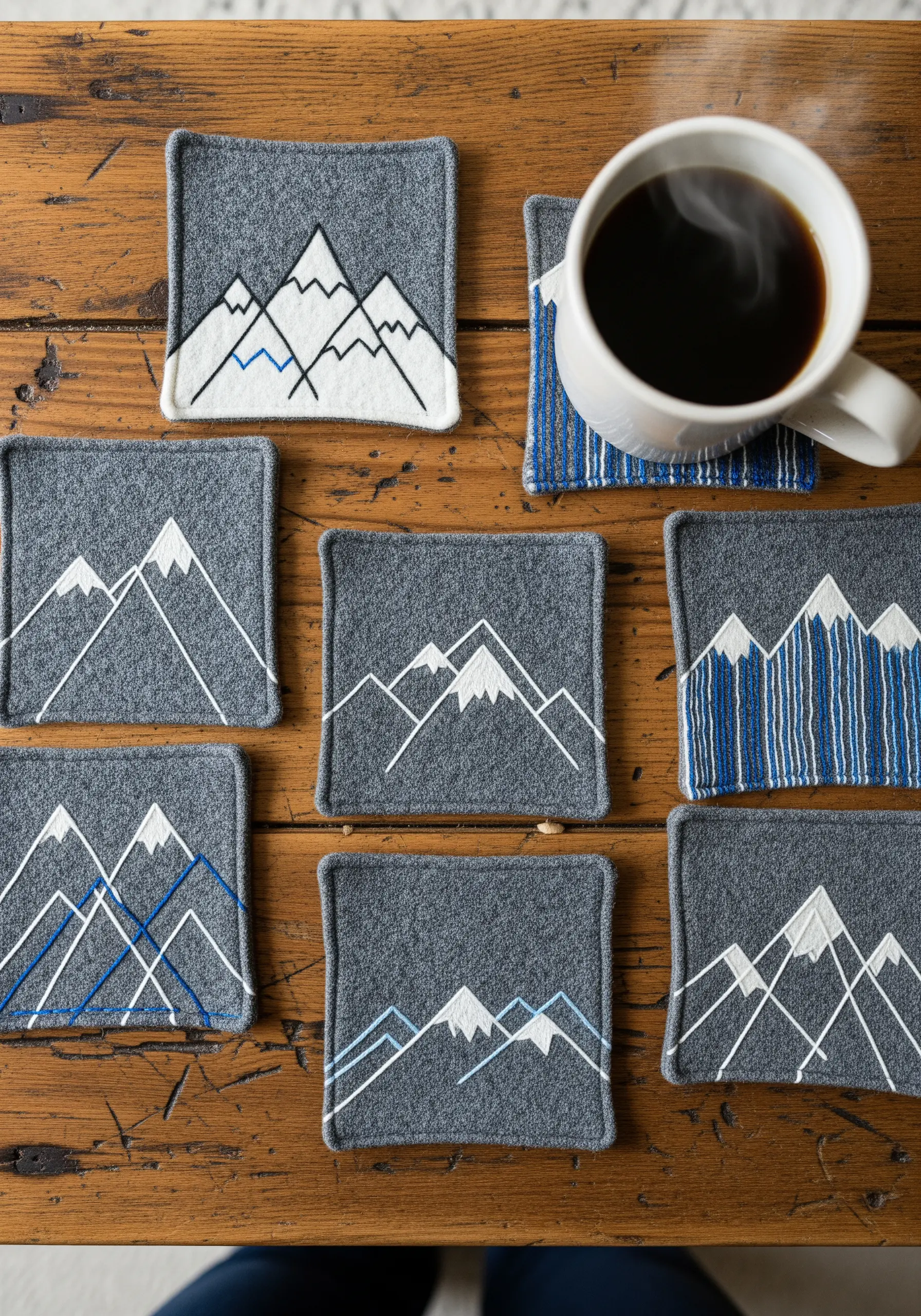 Set of gray felt coasters with embroidered minimalist mountain outlines.