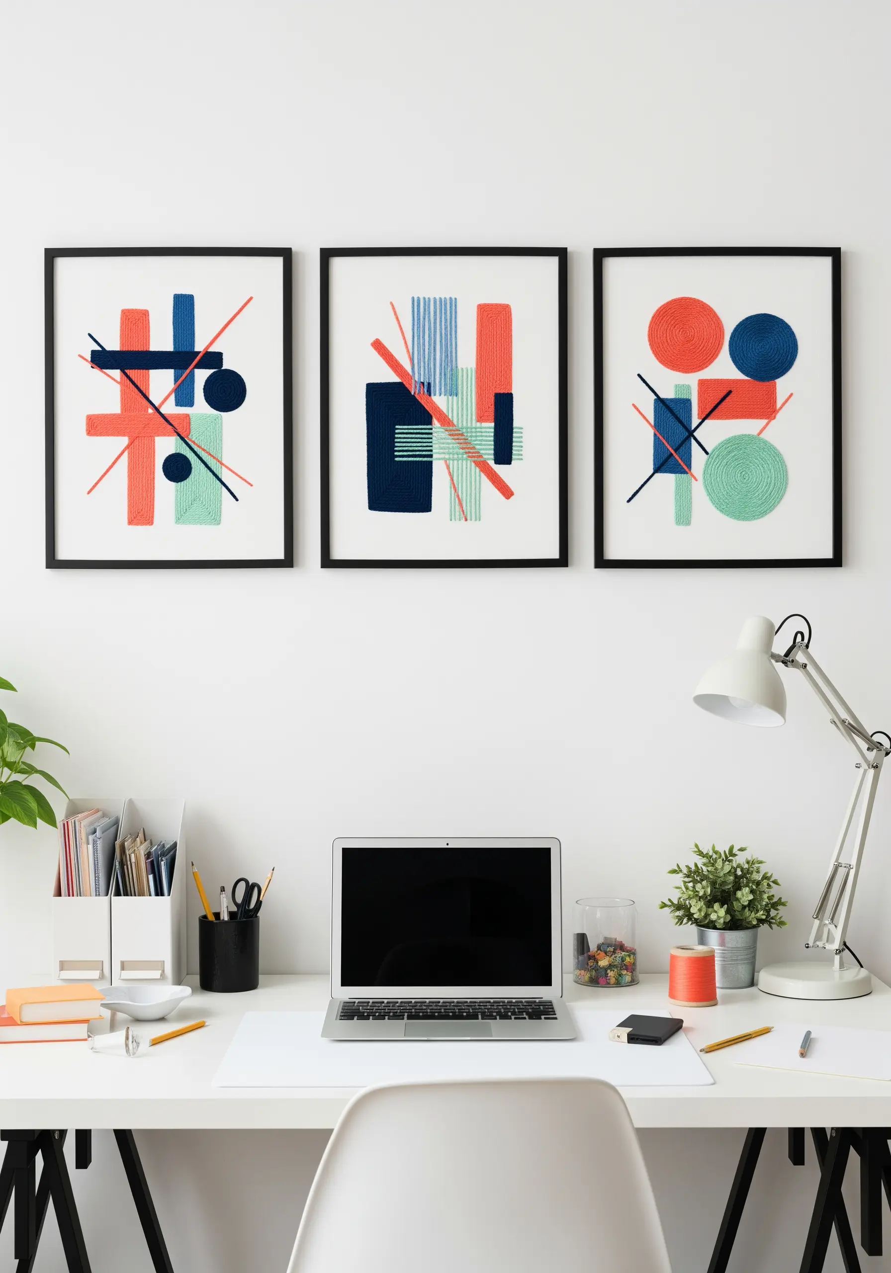 Triptych of framed abstract geometric embroidery in blue, red, and mint green above a desk.