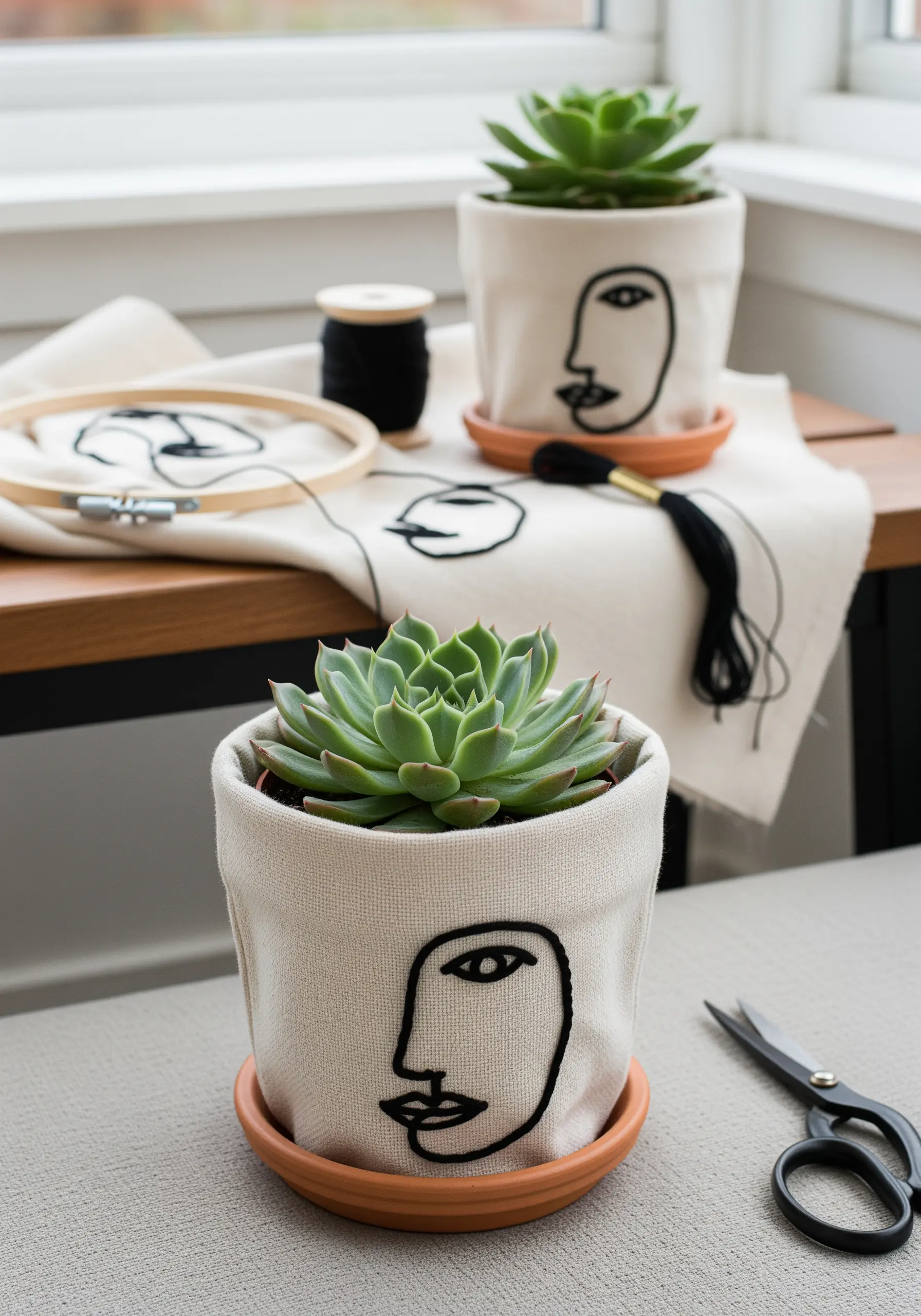 Canvas plant pot covers embroidered with minimalist, abstract face line art.