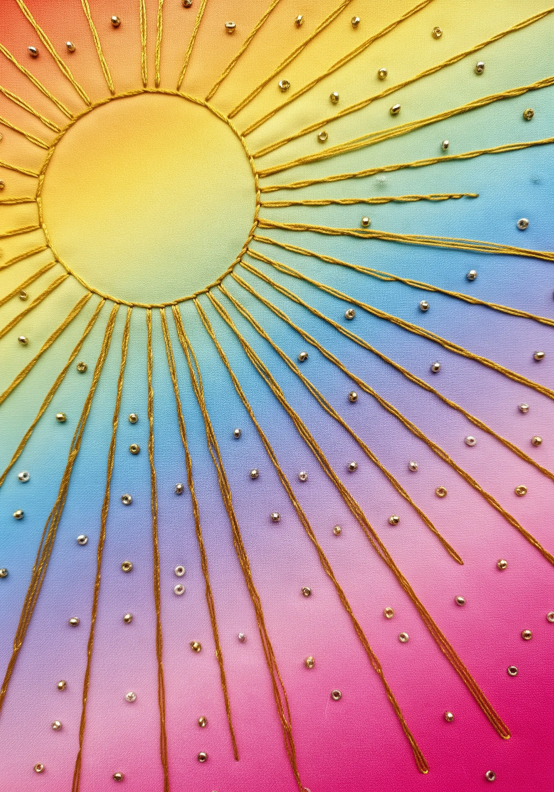 Gold thread sun rays and beads embroidered on a vibrant rainbow gradient fabric.