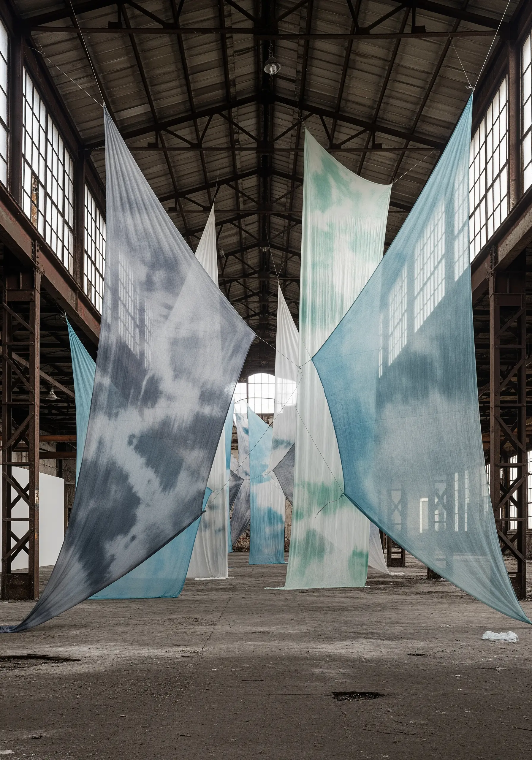 Large, sheer tie-dyed fabric panels hanging like sails in an industrial warehouse.