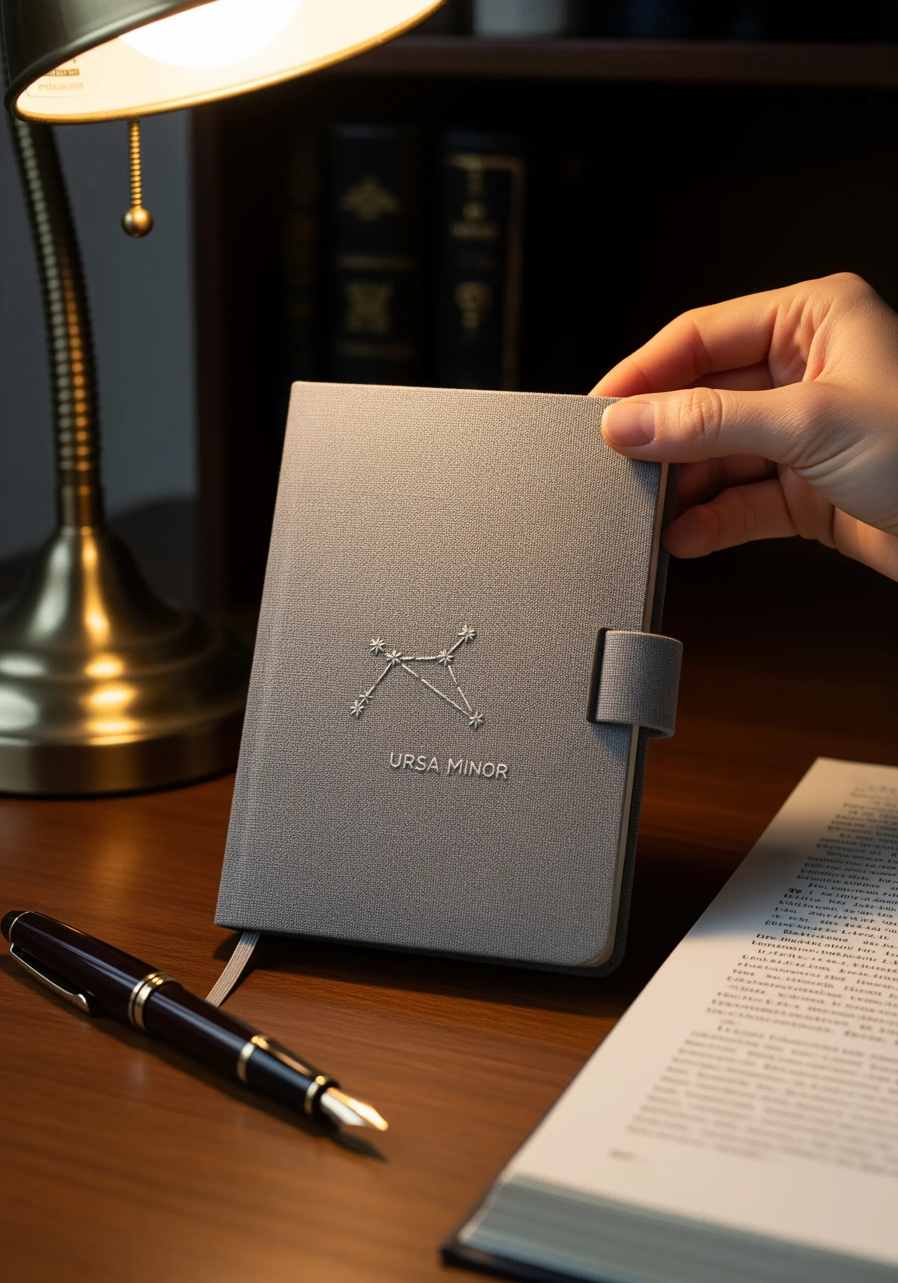 A tiny Ursa Minor constellation and text stitched in white thread on a grey journal cover.