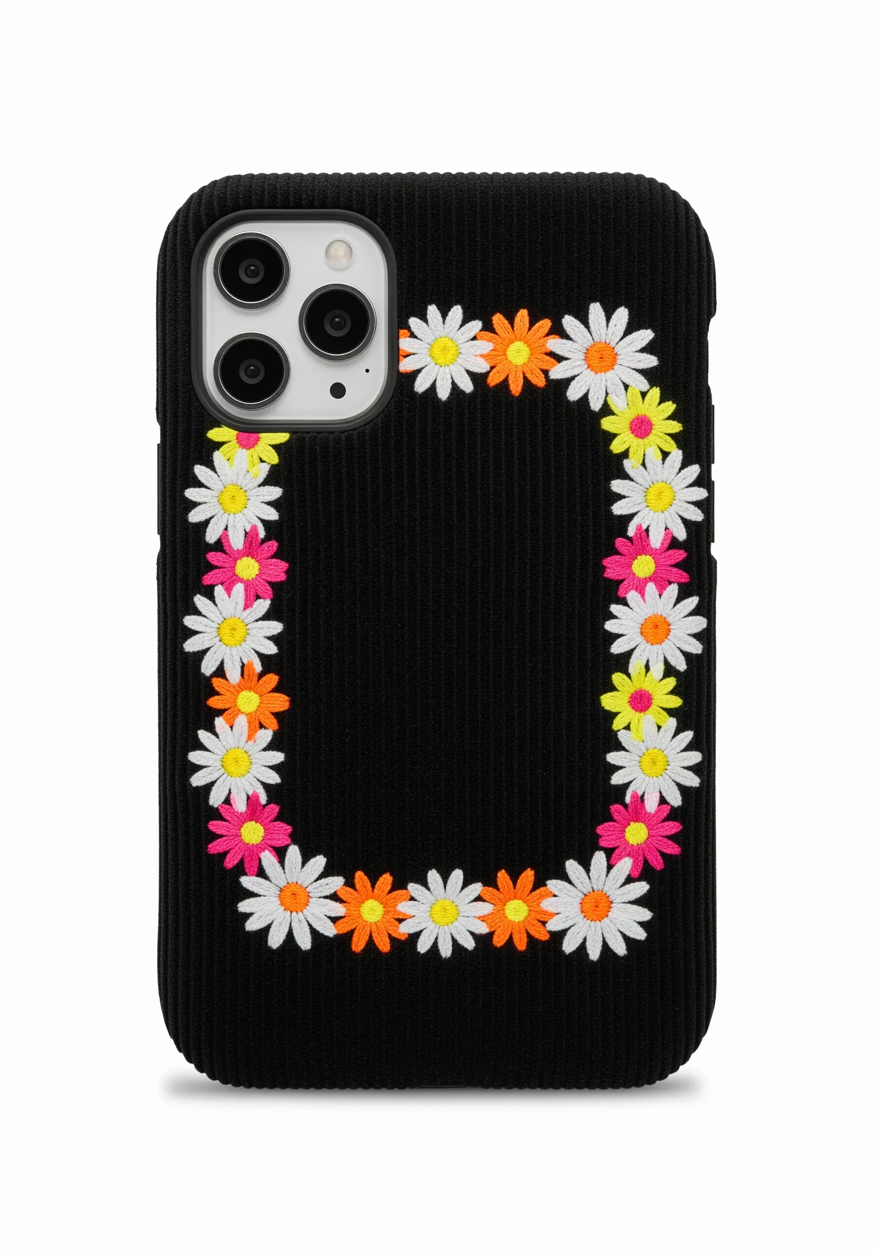 A monogram 'O' made of colorful embroidered daisies on a black corduroy phone case.