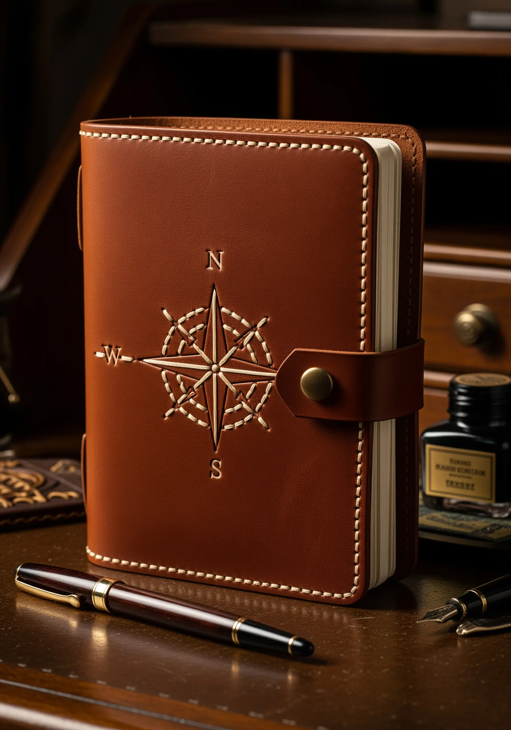 A brown leather journal with a compass rose stitched in white thread.