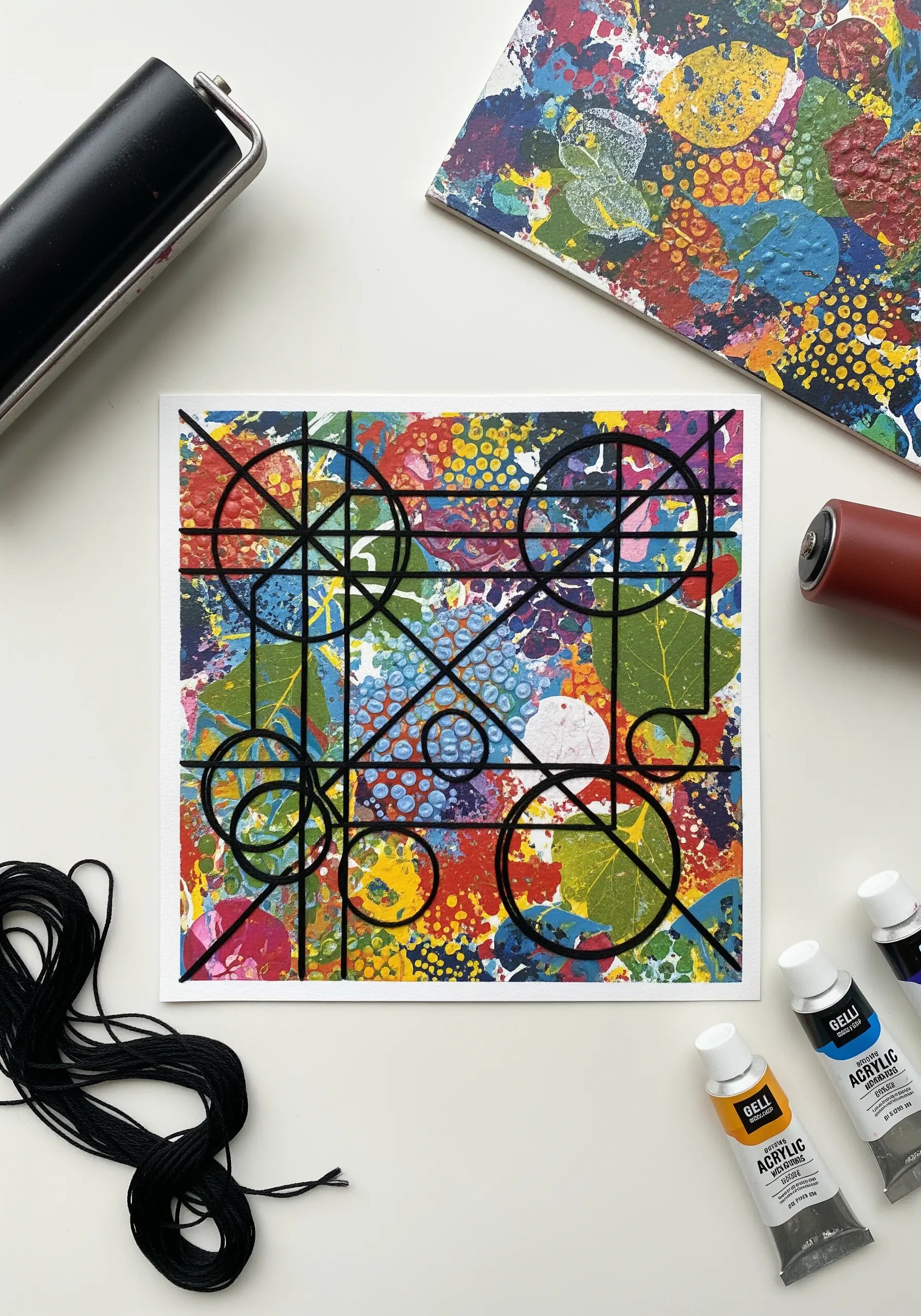 A colorful, abstract gel print on paper with a bold, black thread geometric design stitched on top.