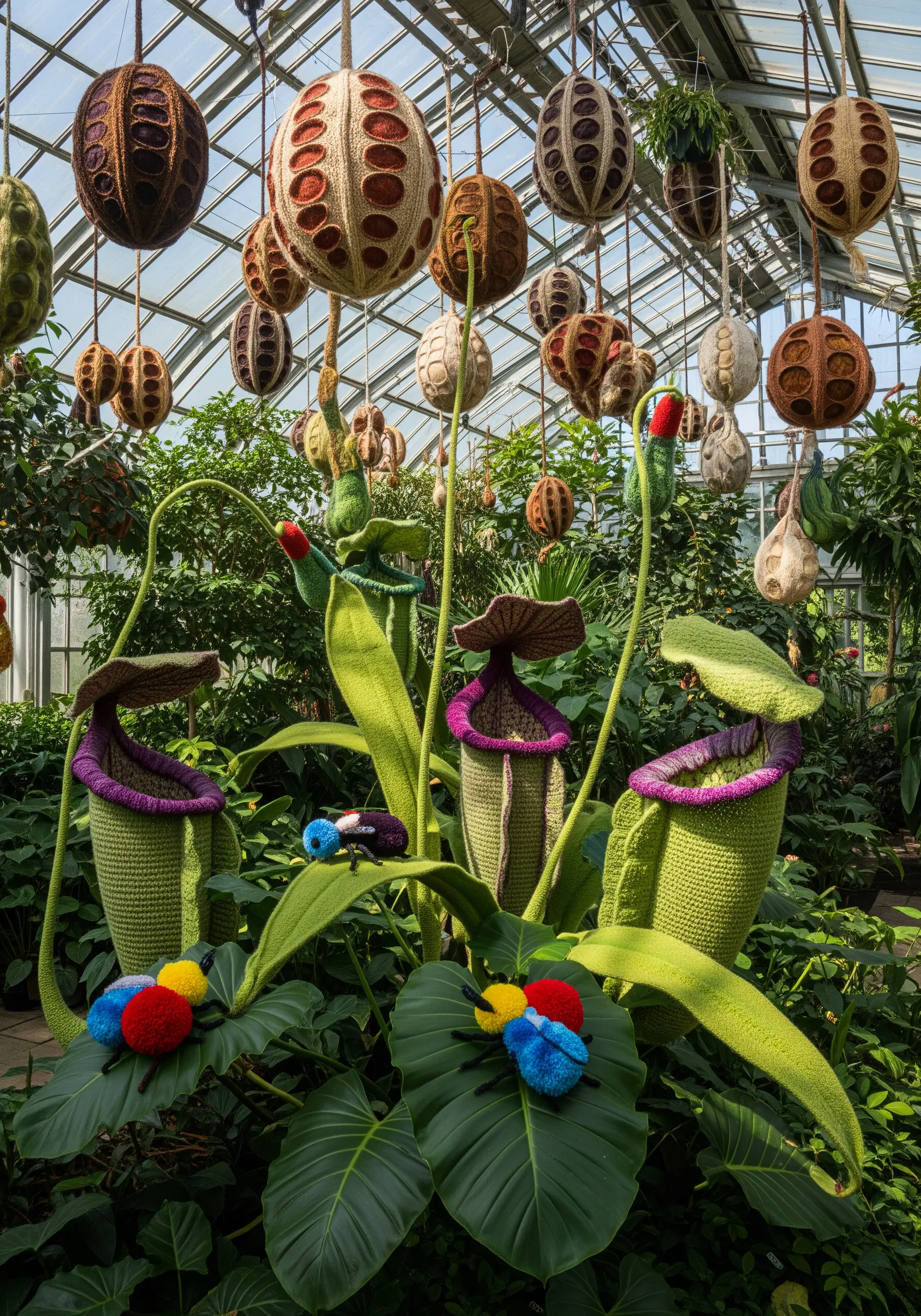Large, crocheted pitcher plants and seed pods hanging in a botanical greenhouse.