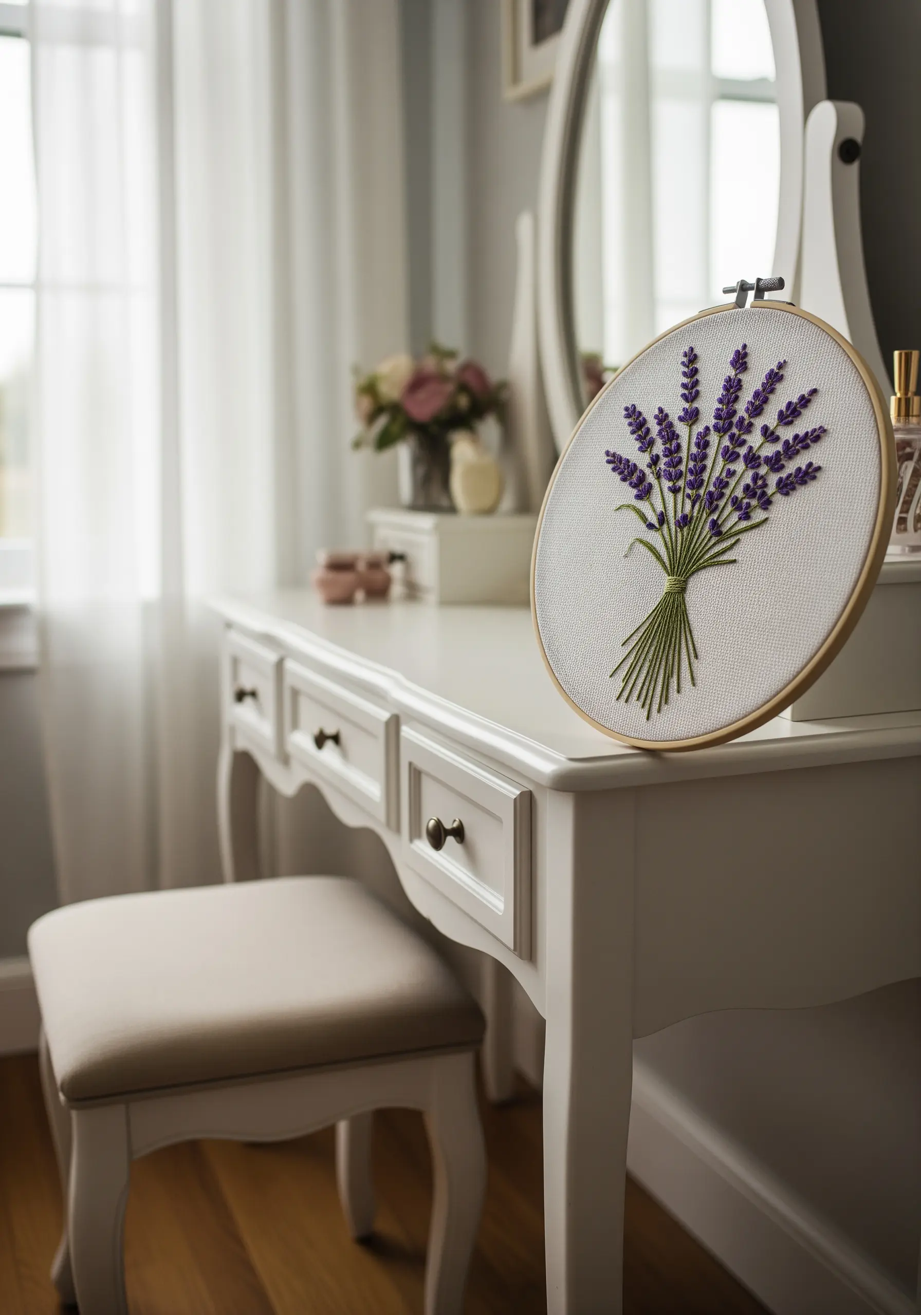 A neatly tied bouquet of embroidered lavender on a white textured fabric.