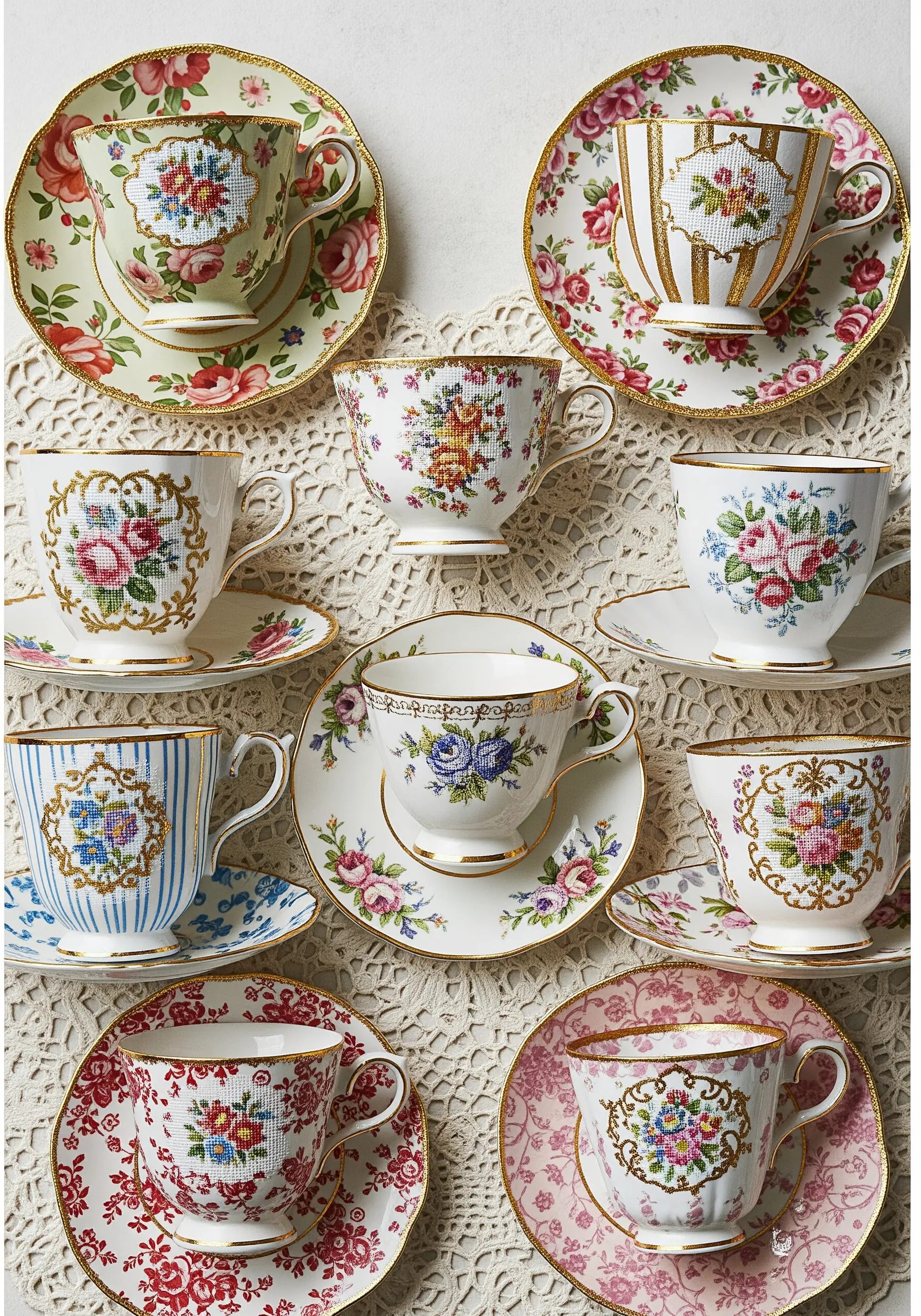 A collection of vintage teacups and saucers, many decorated with fine floral patterns.