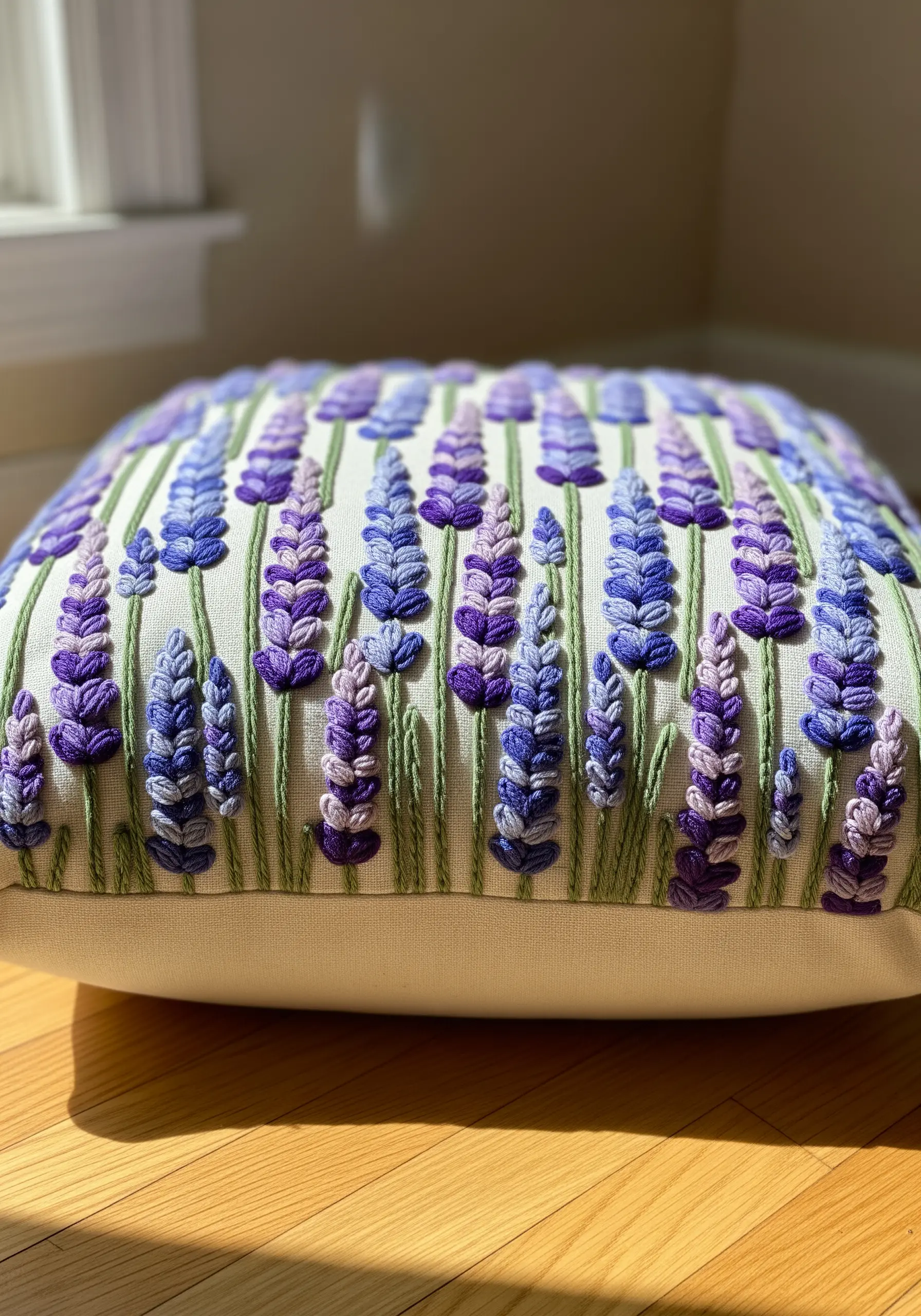 A close-up of a pillow embroidered with rows of purple and violet lavender sprigs made from bullion knots.