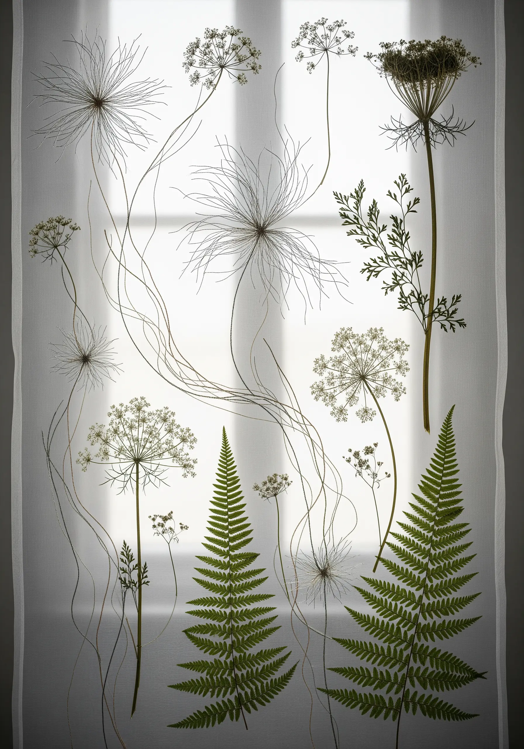 Pressed ferns and Queen Anne's lace stitched onto a sheer white curtain, creating a delicate silhouette.