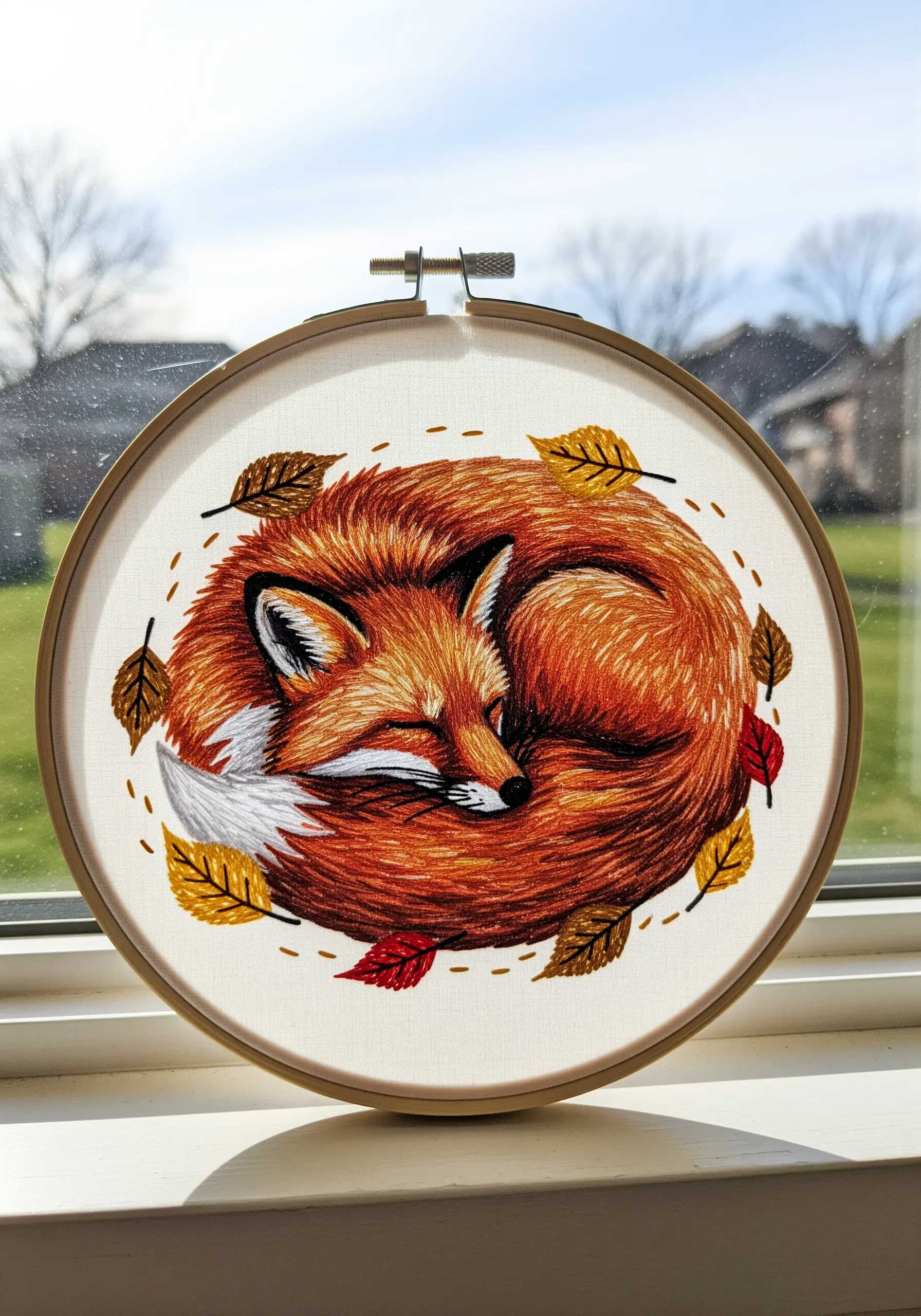 A realistic embroidered sleeping fox with detailed fur texture using long-and-short stitch.