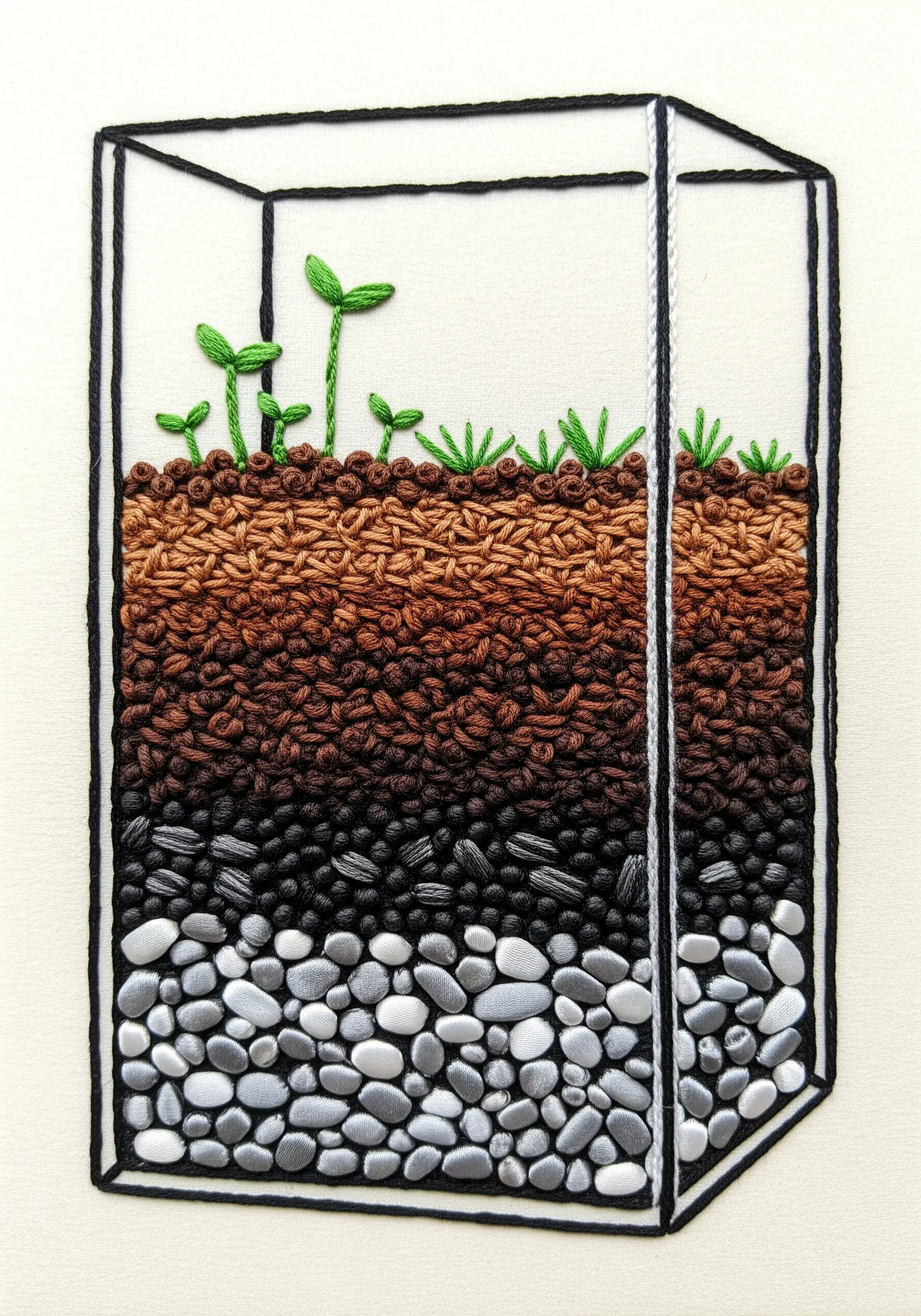 Embroidered cross-section of a terrarium showing layers of soil and rocks