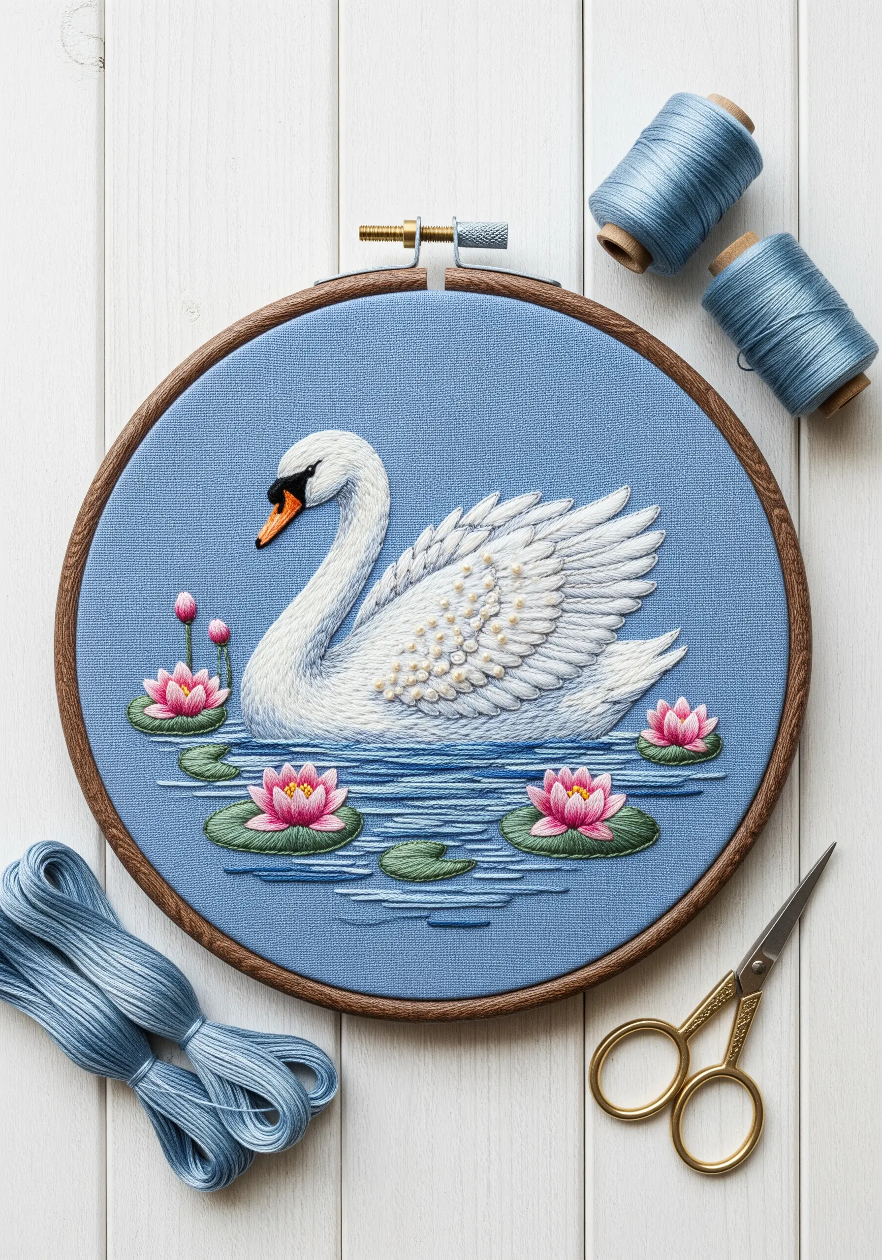 Embroidered swan floating on blue water with pink water lilies and textured French knots on its wing.