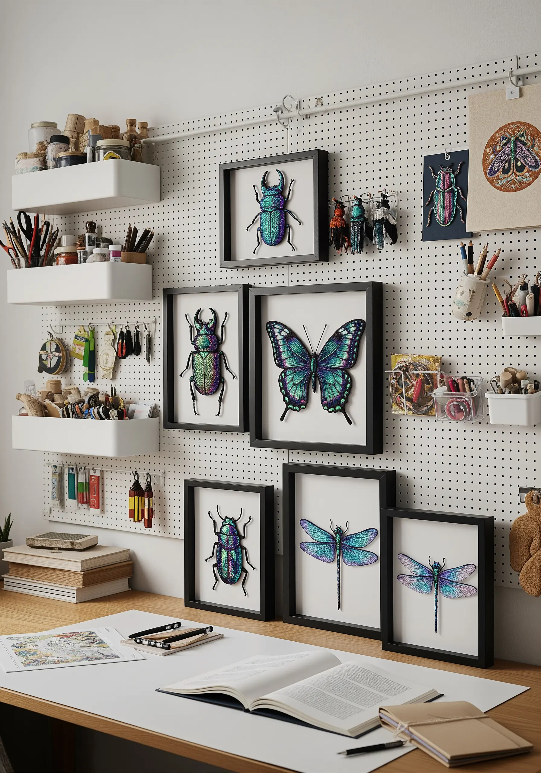 A gallery wall of framed insect embroideries, including beetles, a butterfly, and dragonflies.