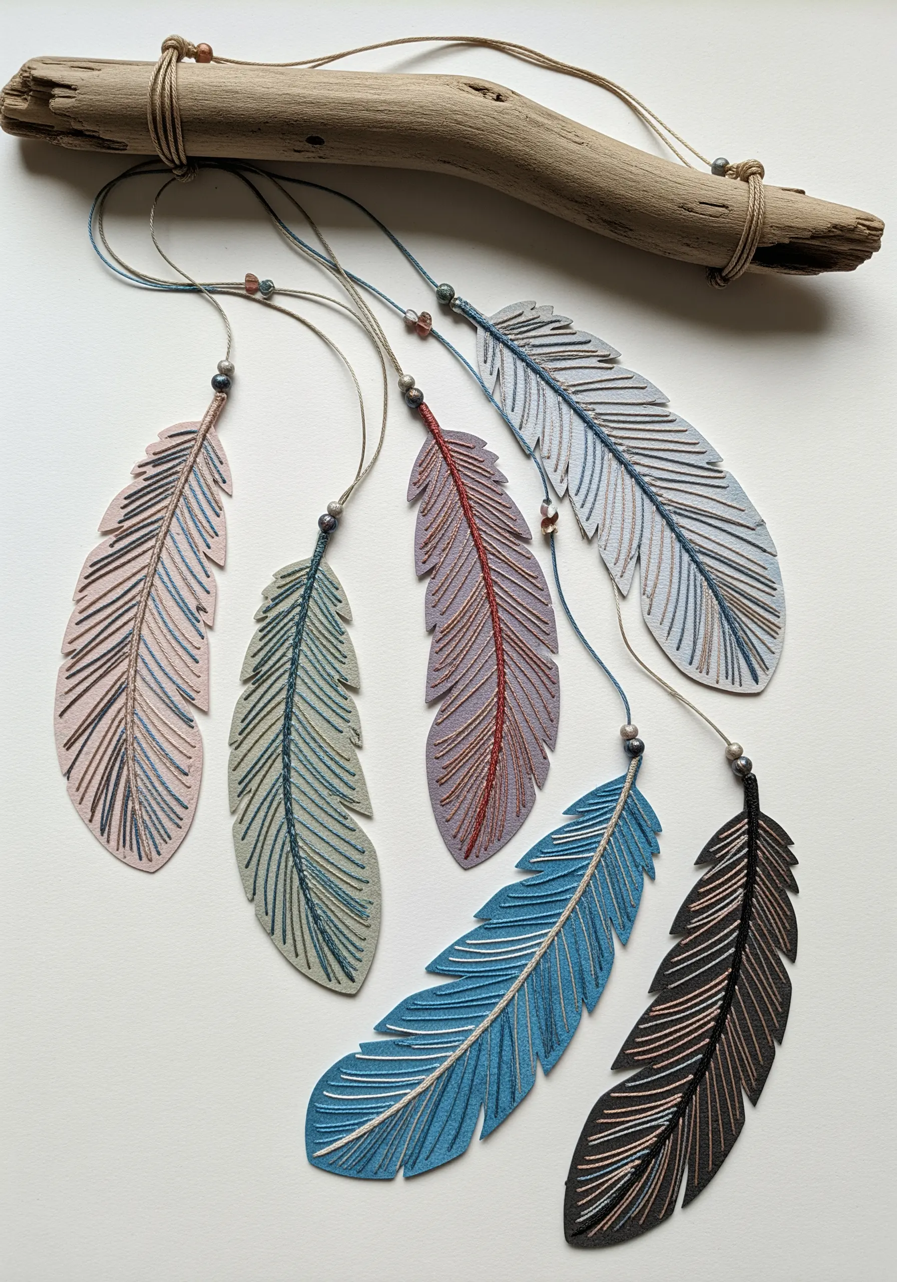 Six embroidered feathers in various colors cut out from paper and hanging from driftwood.
