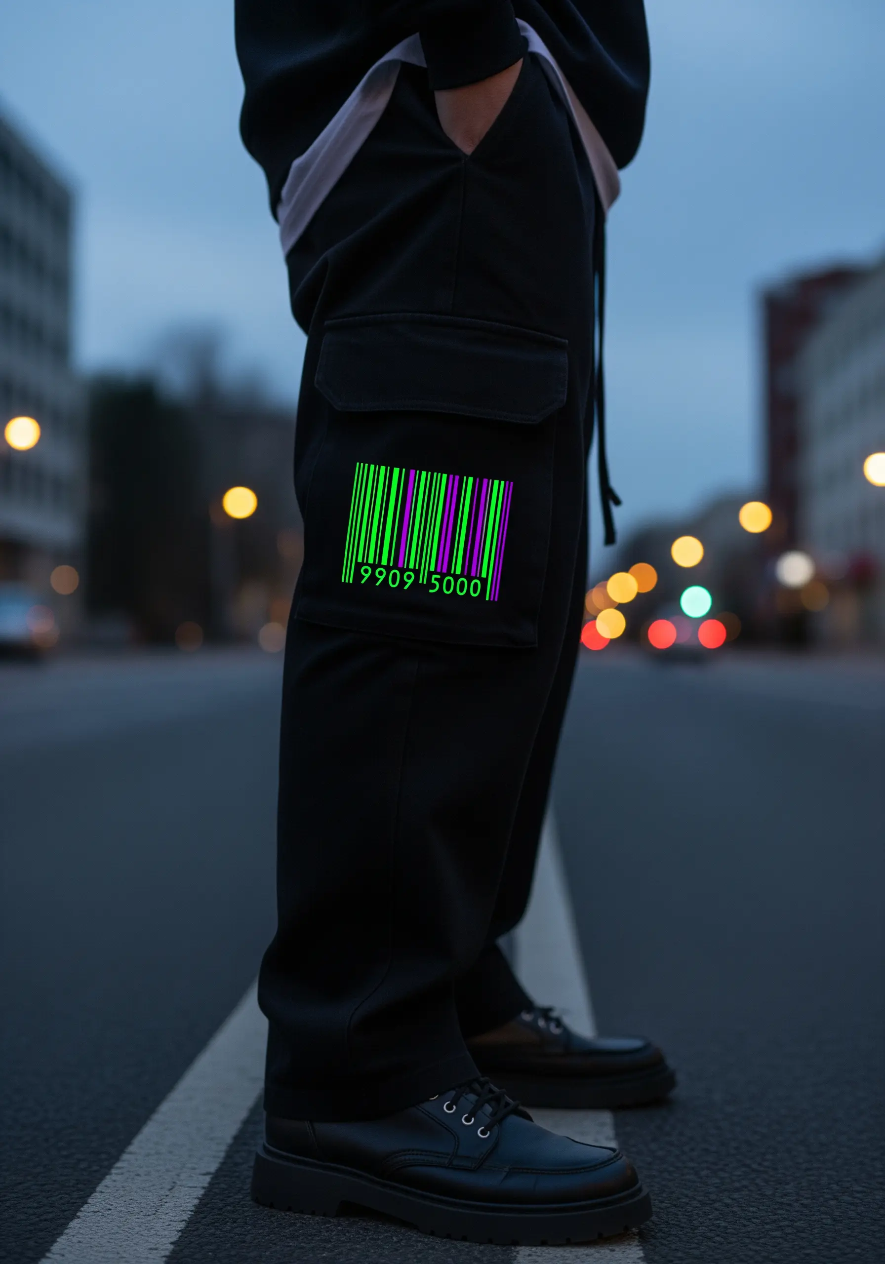 A neon green and purple barcode embroidered on the cargo pocket of black pants.