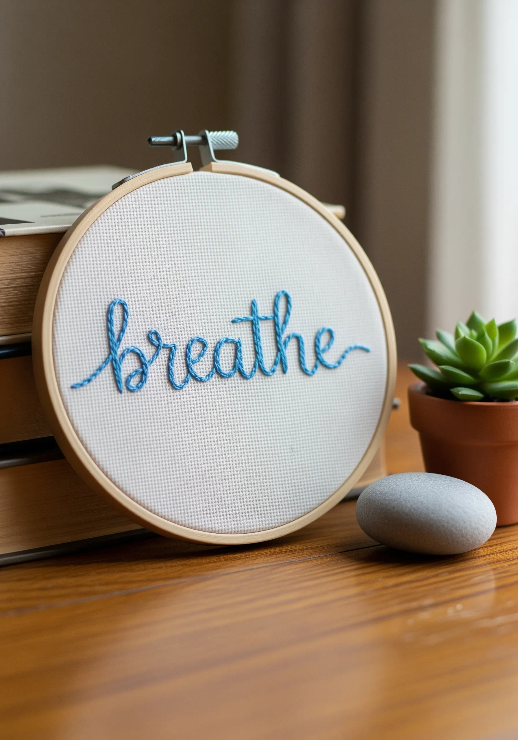 The word 'breathe' stitched in blue chain stitch on light fabric in a hoop.