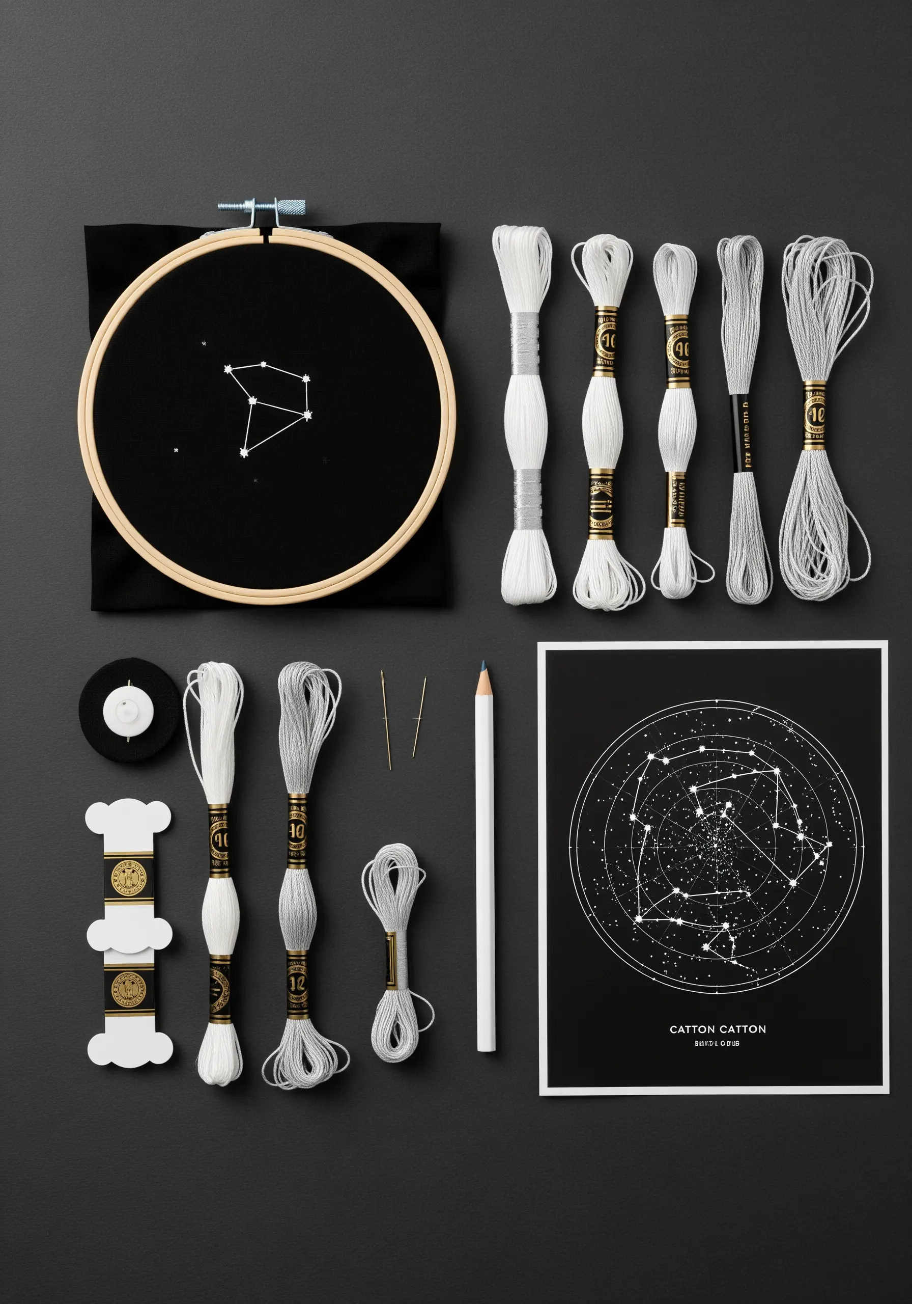 An embroidery kit for stitching a constellation, showing black fabric, white threads, and a star map.