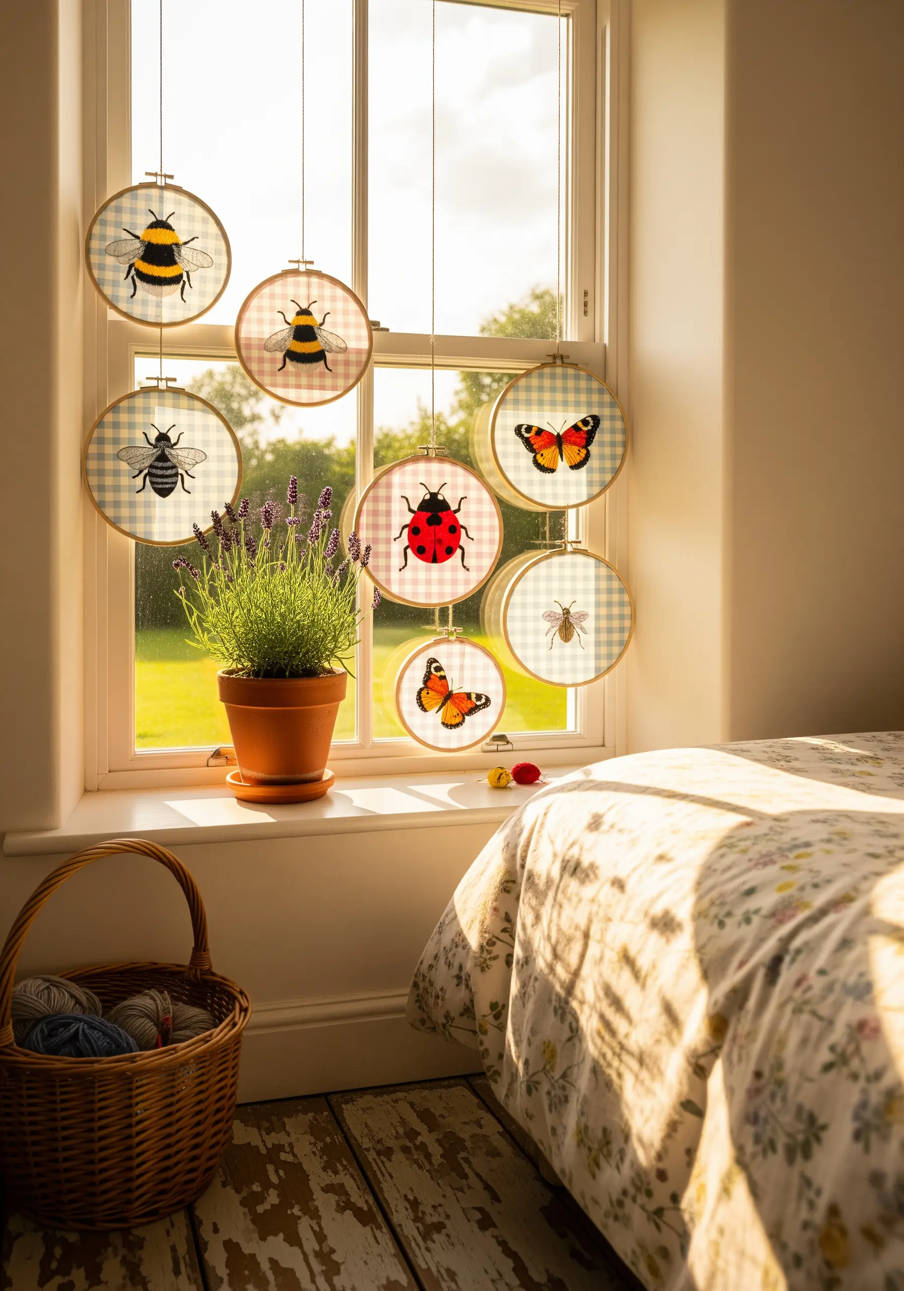 A collection of embroidered insect hoops (bees, butterflies, ladybug) hanging in a window.