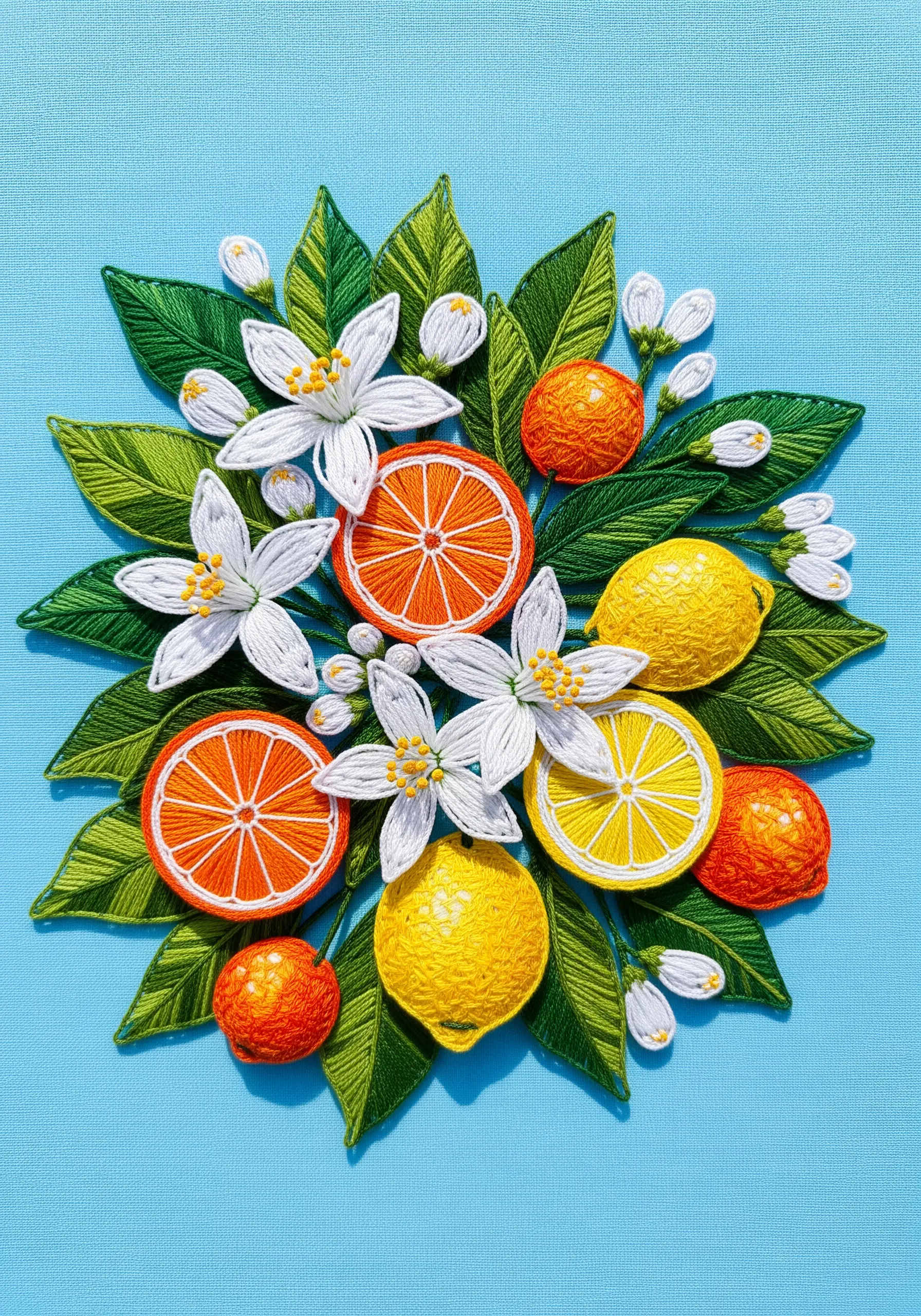 A bright embroidered bouquet of citrus fruits, slices, and white blossoms on blue fabric.