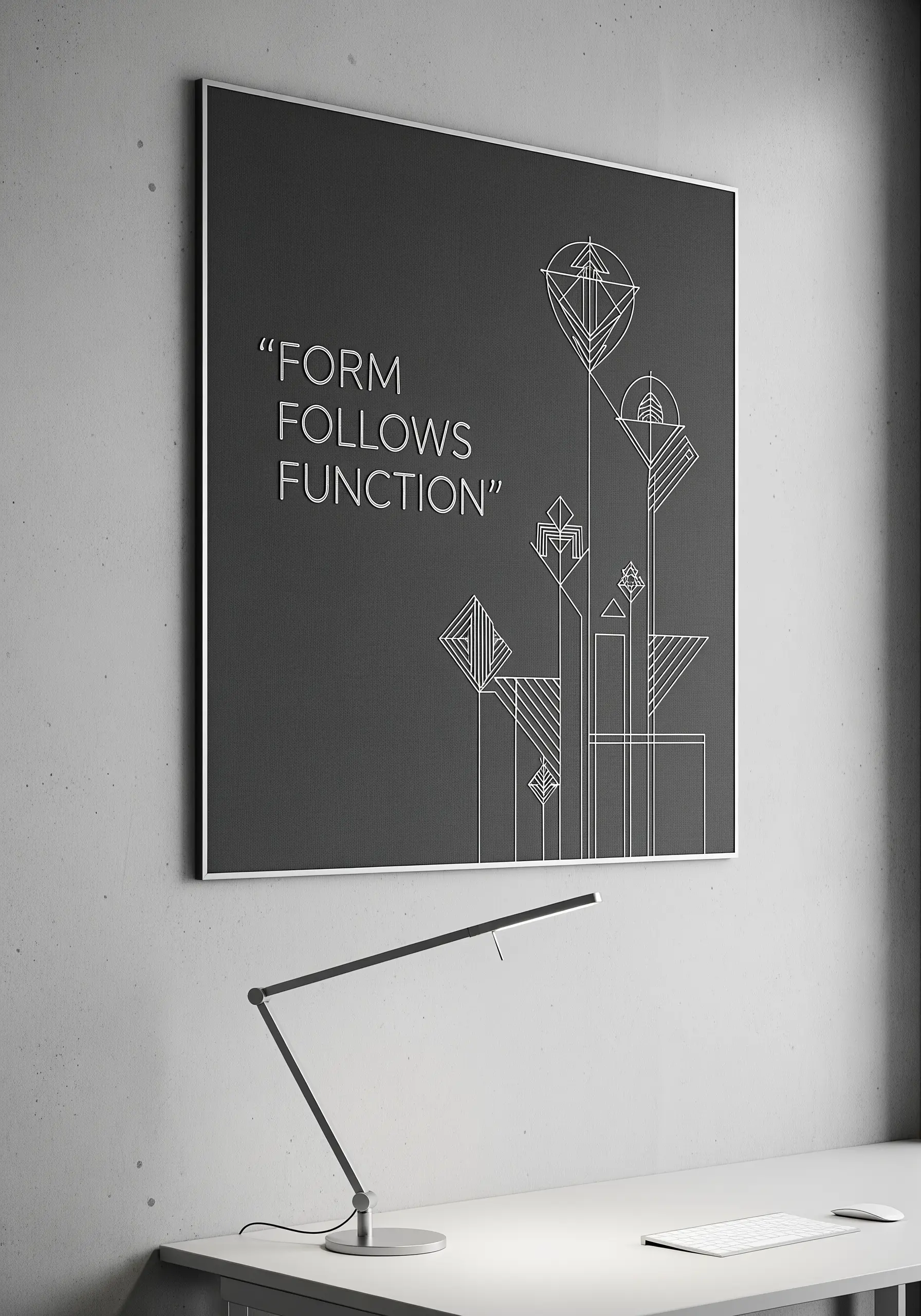 Minimalist white-line embroidery of geometric flowers on a dark gray canvas.