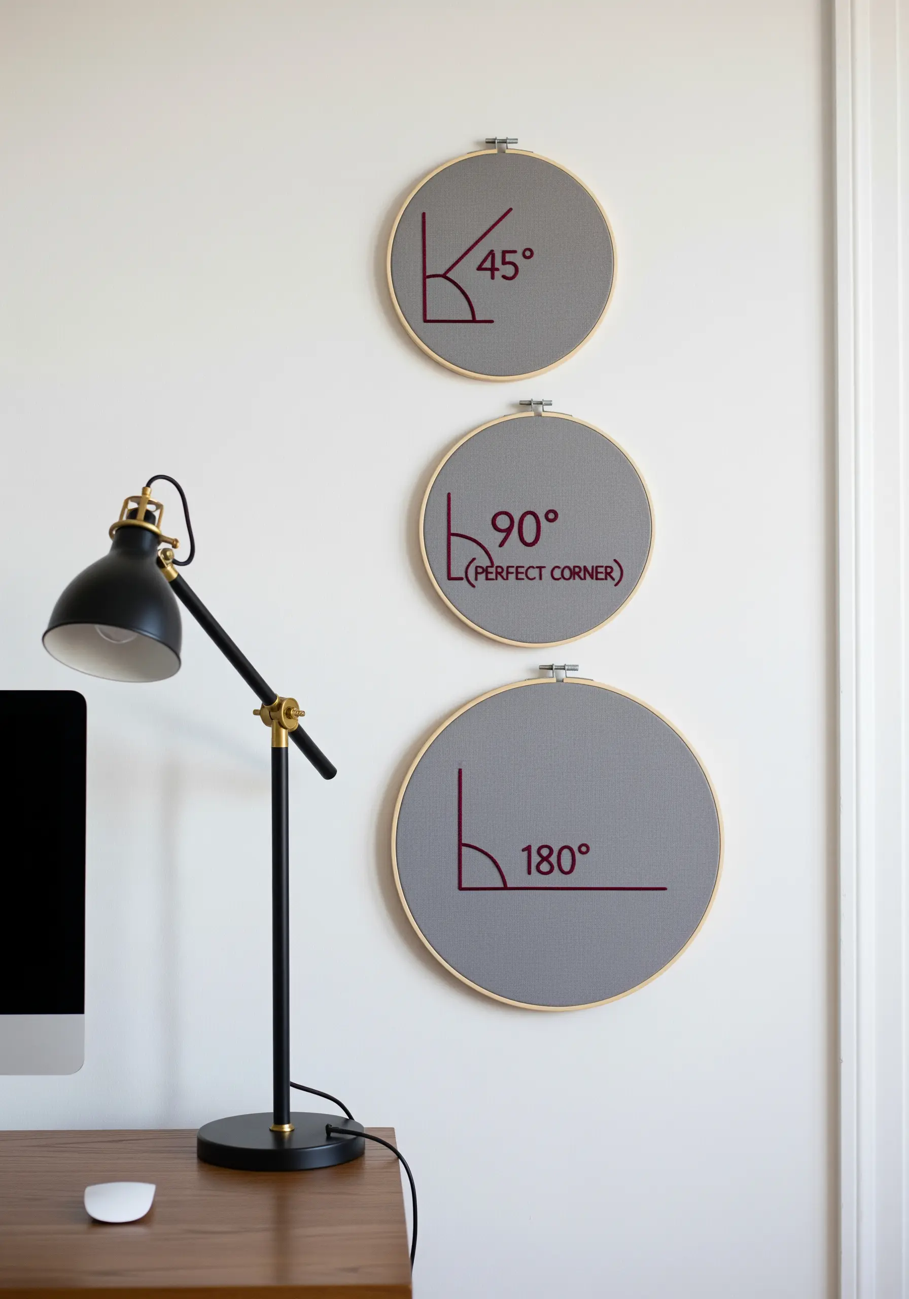Three gray embroidery hoops displaying stitched diagrams of 45, 90, and 180-degree angles.