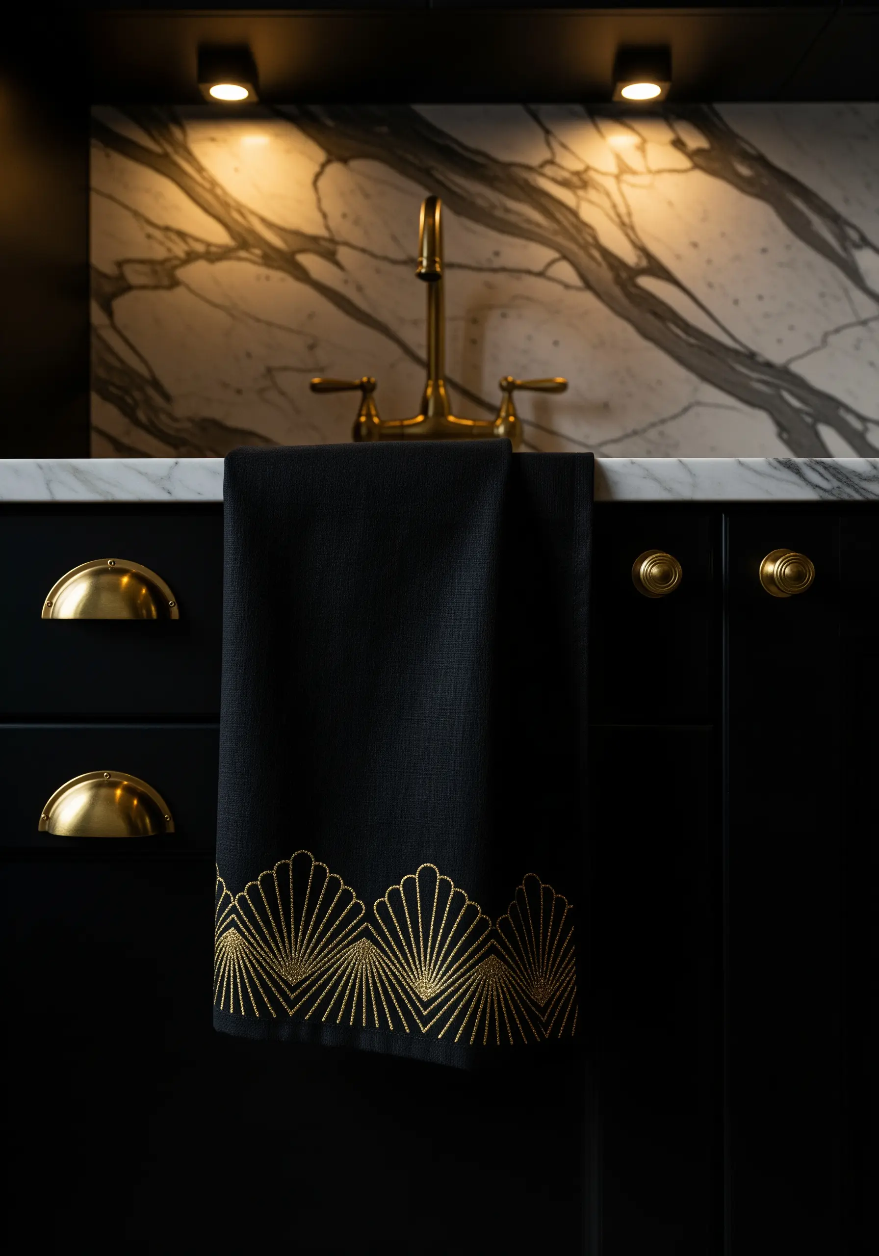 A glamorous Art Deco fan pattern stitched in gold metallic thread on a black towel.
